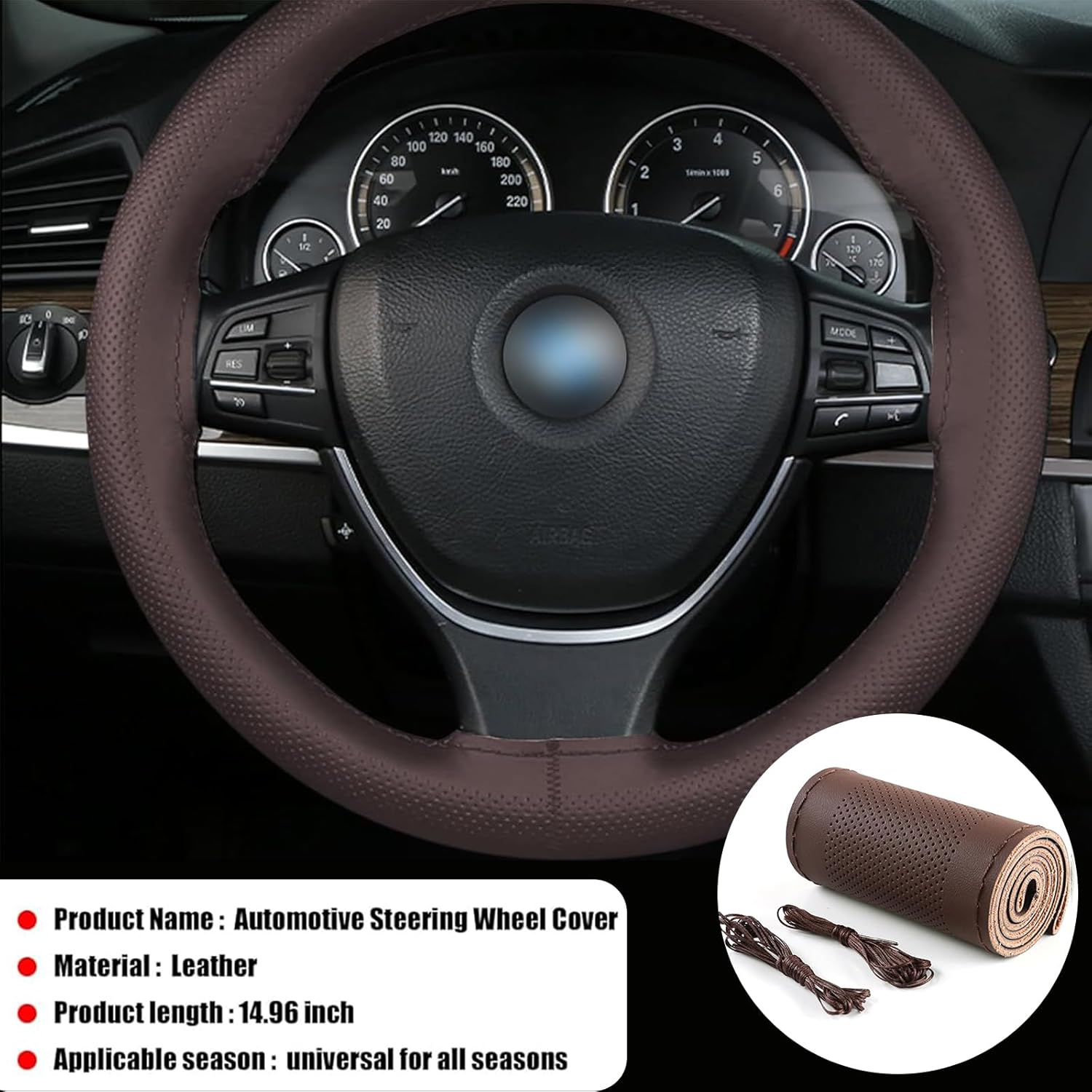 1 funda para volante de automóvil, 14.9 pulgadas de microfibra sintética cosida a mano, antideslizante, transpirable, protector de volante de