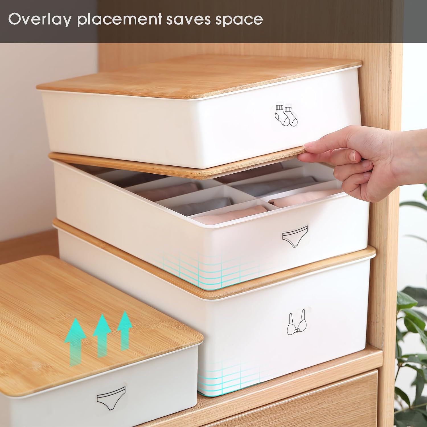 Caja de almacenamiento de lujo con tapa de bambú para calcetines y ropa interior, 10 celdas + 15 celdas, organizadores de tela y cajas de