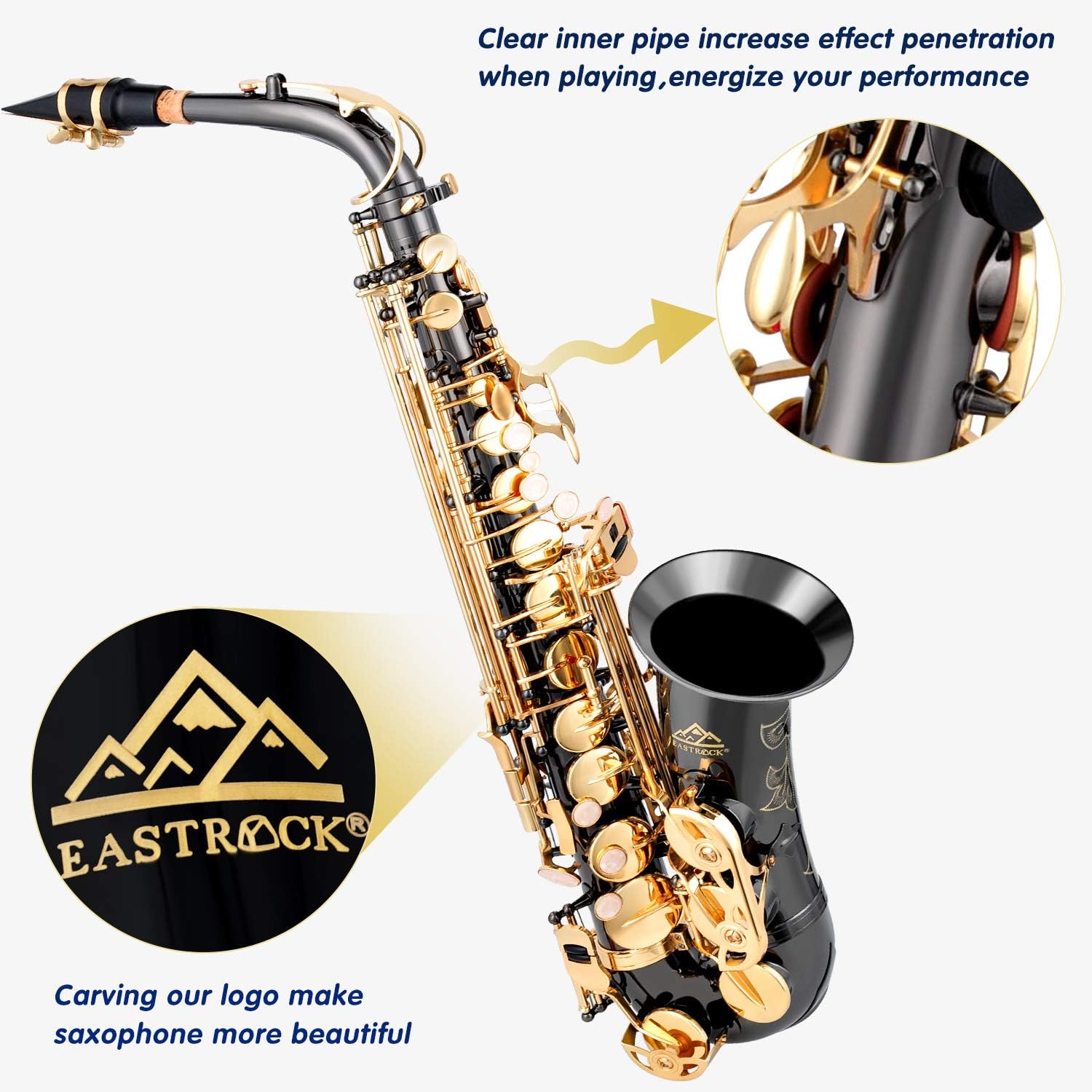 EASTROCK Kit completo de saxofón alto de níquel negrodorado para estudiantes principiantes con estuche de transporte, boquilla, almohadillas de
