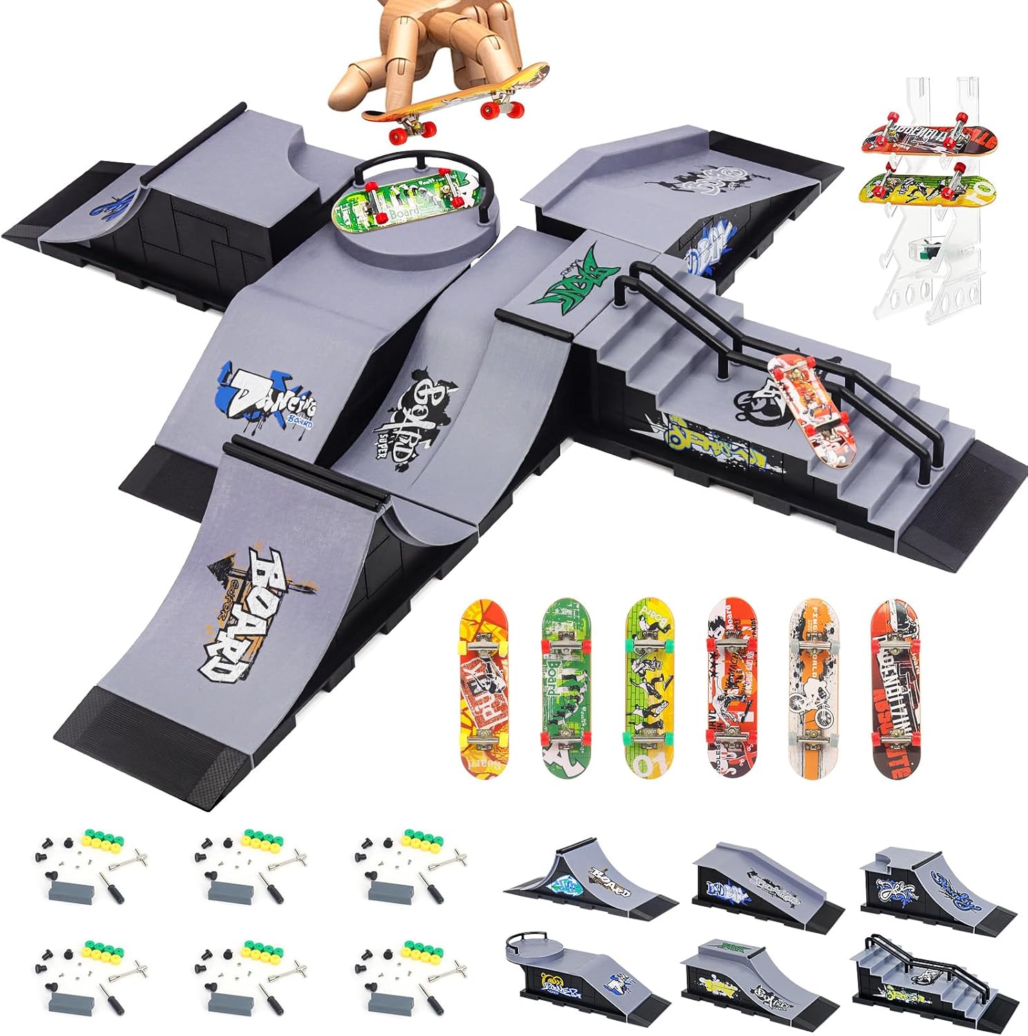 CS COSDDI Juego de rampa para patinetas de dedo, kit de riel de mini diapasón con 6 patinetas, 6 rampas de diapasón, juguete interavtivo para dedos