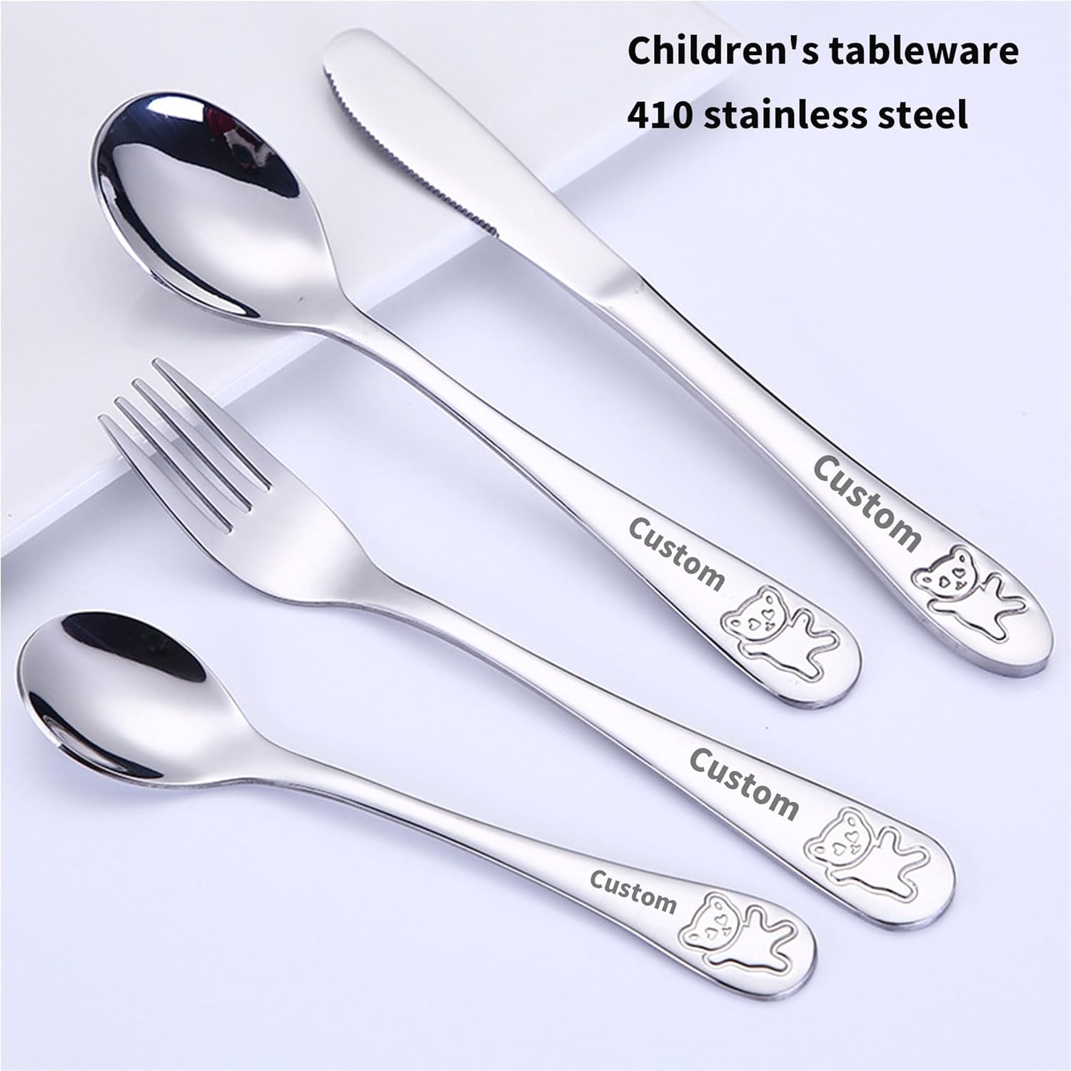 Juego de cubiertos personalizados de 4 piezas para niños pequeños, cubiertos de acero inoxidable grabados de metal de 7 pulgadas, incluye tenedor,