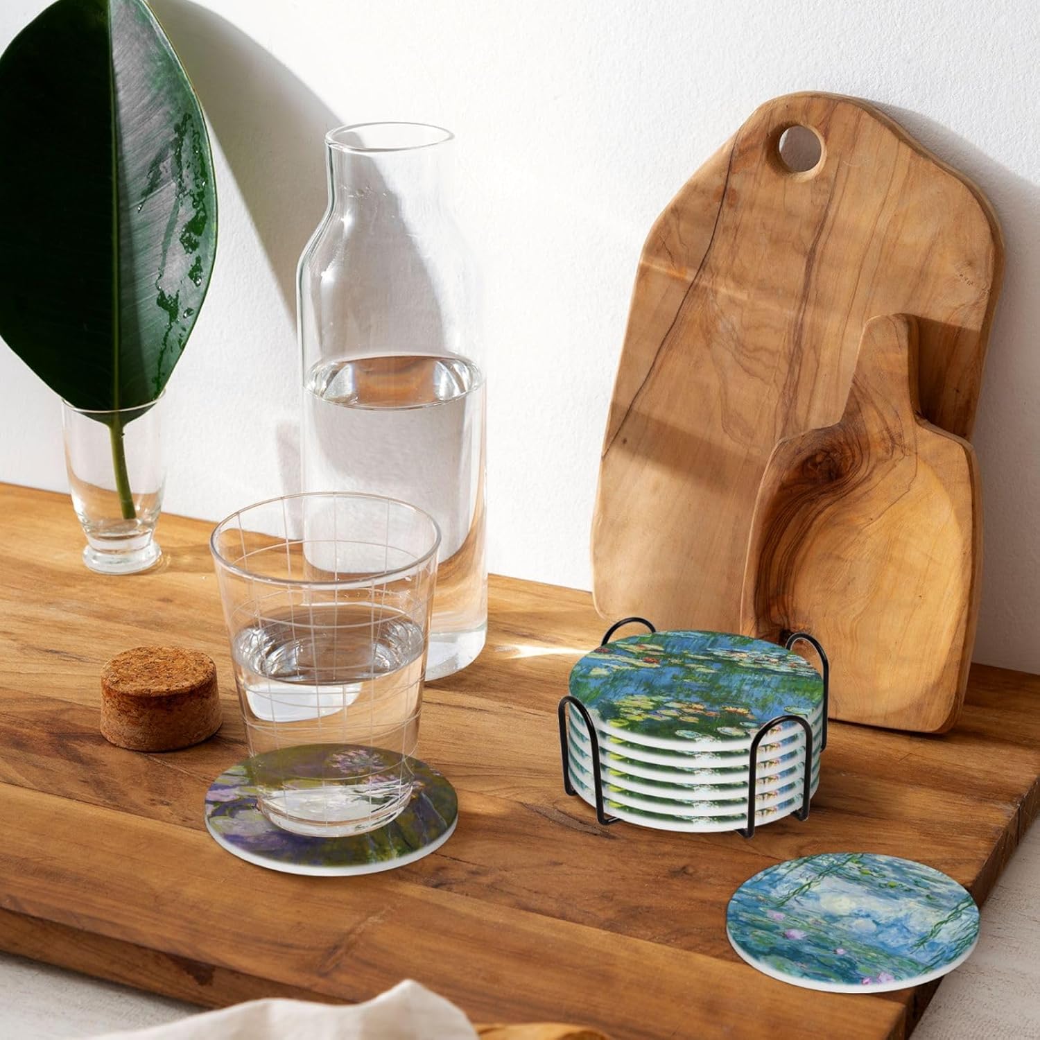 Juego de posavasos de cerámica para bebidas con base de corcho, utiliza 6 pinturas famosas de Claude Monet, regalos únicos de inauguración de la