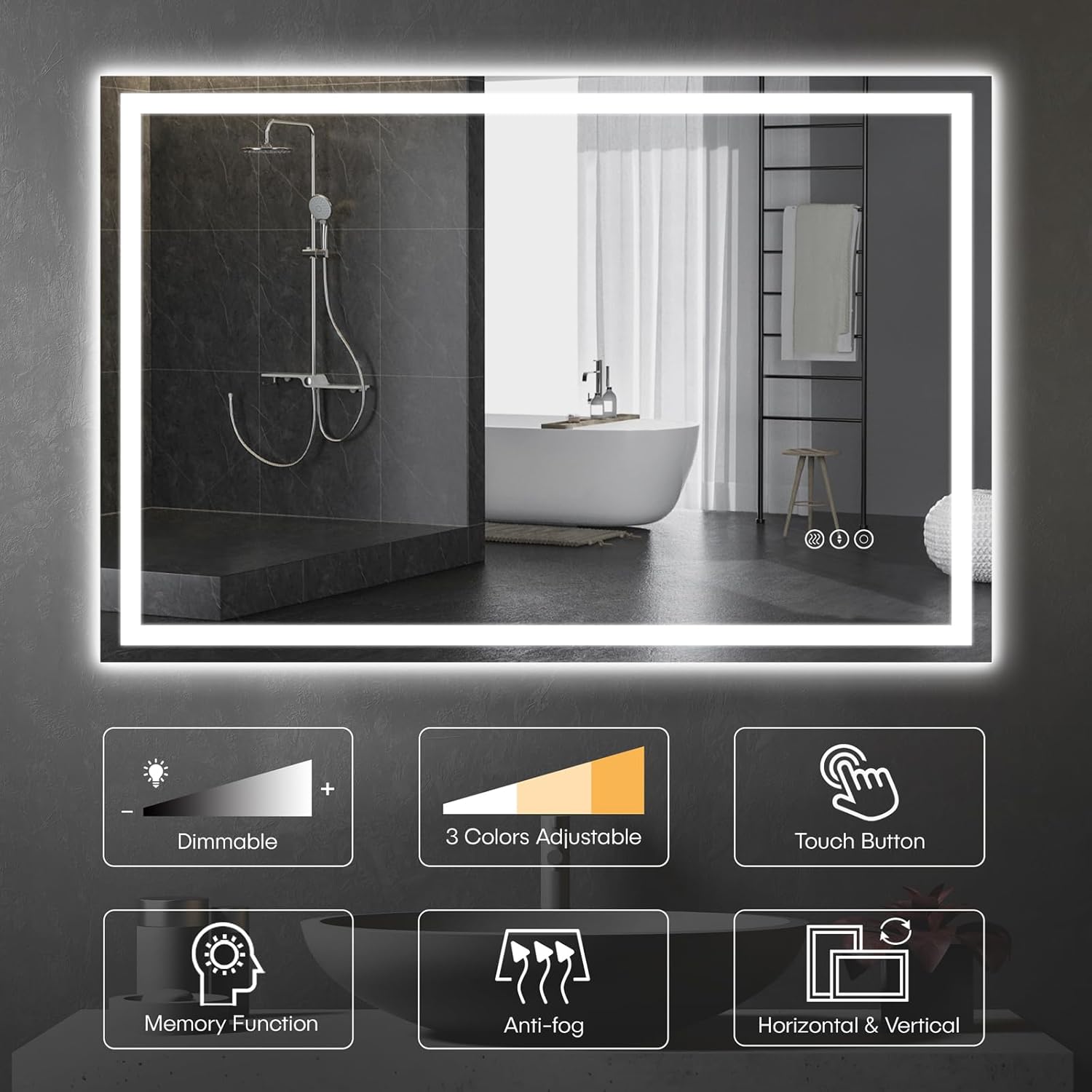 Dripex Espejo de baño LED de 48 x 32 pulgadas, espejo de maquillaje antivaho montado en la pared con 3 luces de color, espejo LED impermeable