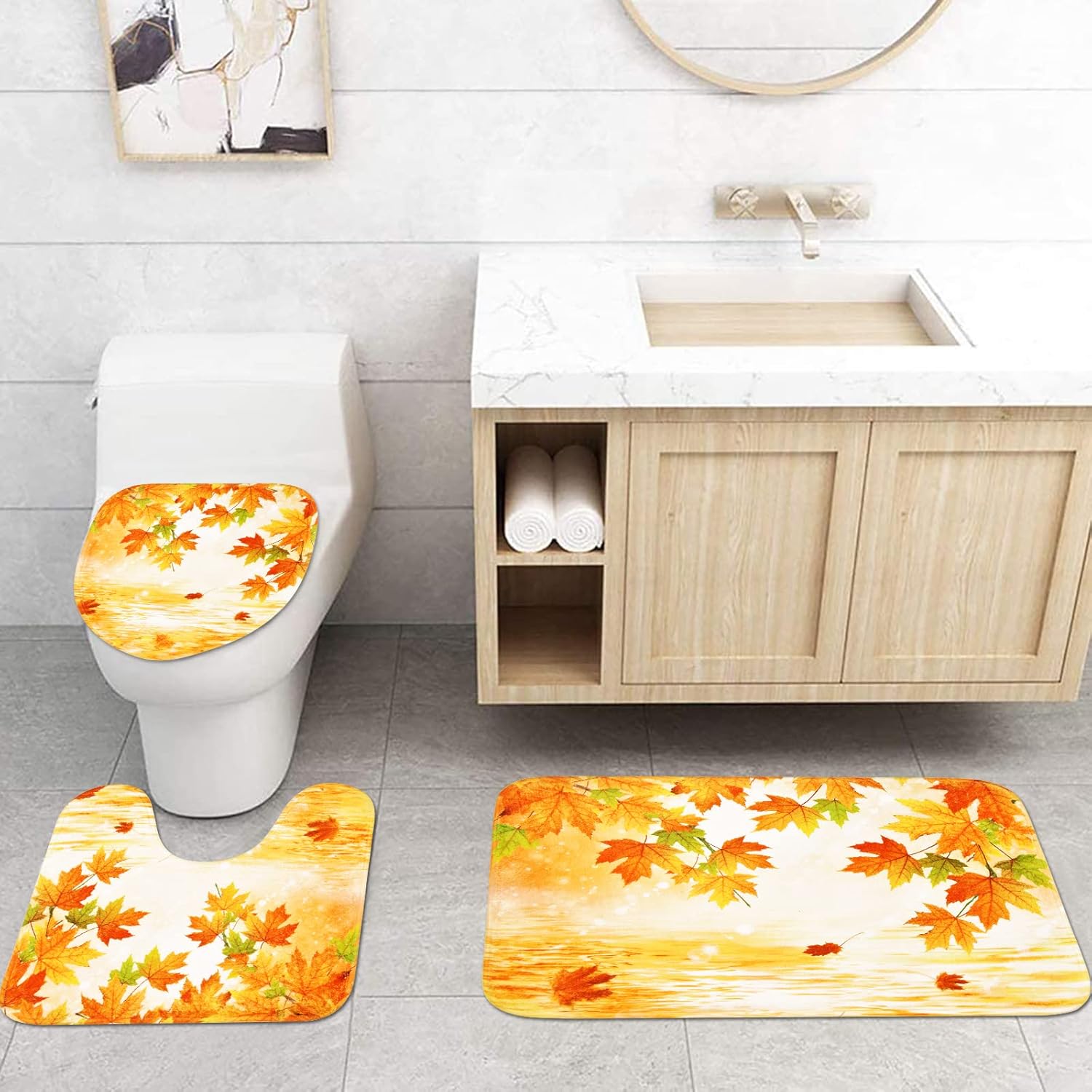 Claswcalor Juego de 4 cortinas de ducha de Acción de Gracias con alfombra antideslizante, cubierta para tapa de inodoro y tapete de baño, cortina de