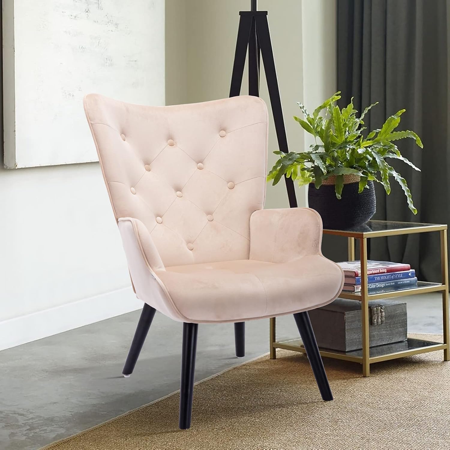 Pannow Silla decorativa de terciopelo, moderna silla de tocador con botones copetudos, silla eisure con brazos tapizada con respaldo alto, patas de