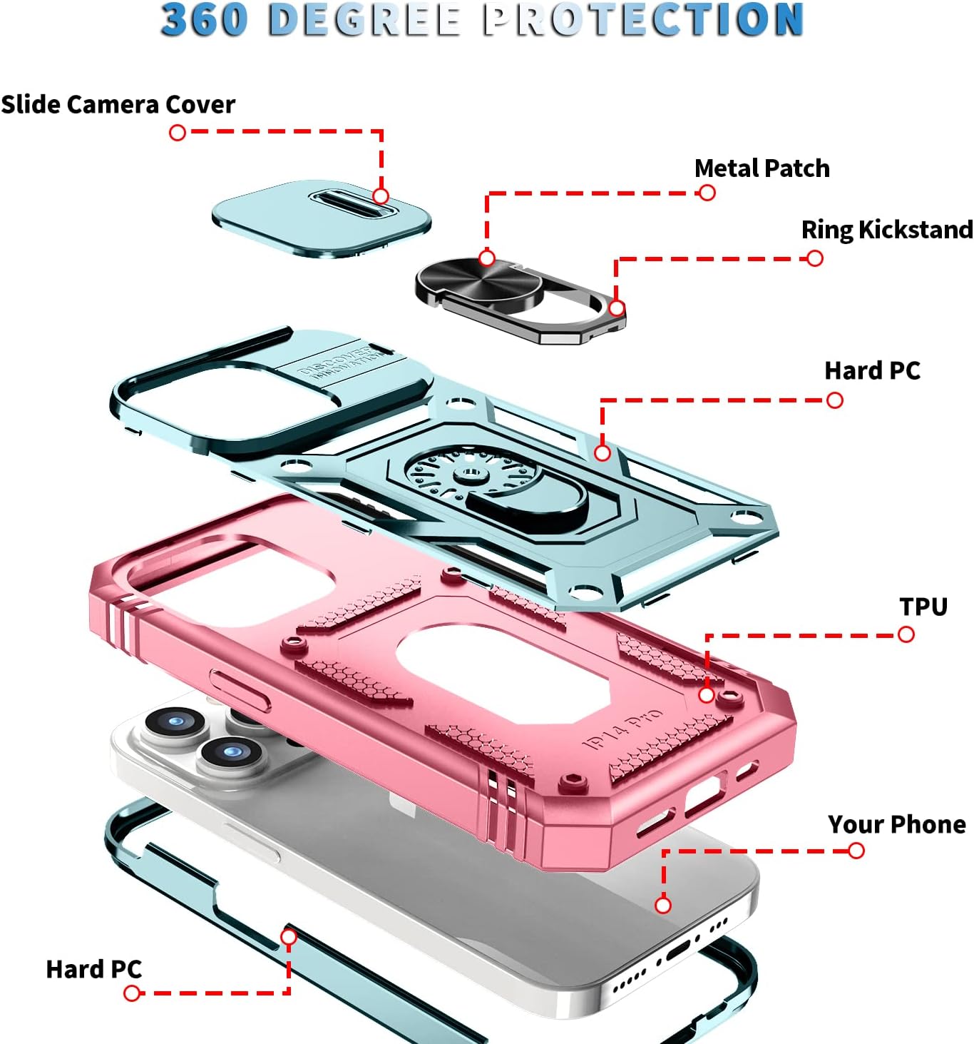 PASNEW Funda para iPhone 14 Pro Max, protección militar, soporte de 360 y cubierta deslizante para lente de cámara, carcasa rígida multicapa