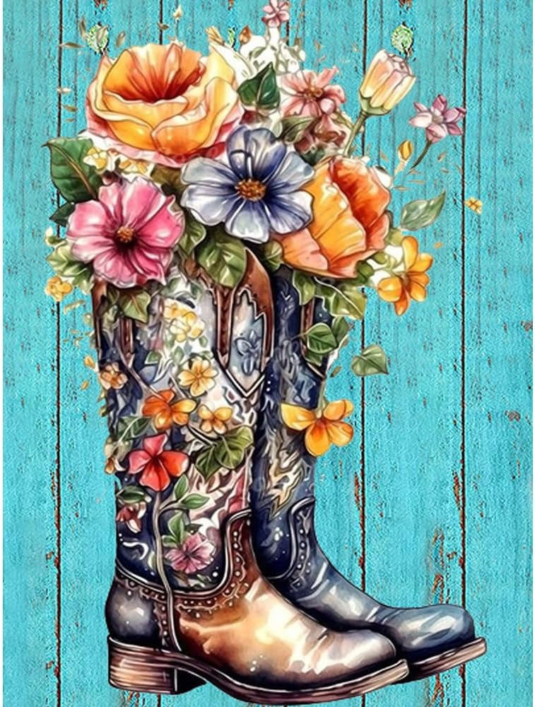 Miairivy Diamonds – Pintura de diamantes para adultos, botas de vaquero de flores 5D, kit de arte de diamantes de taladro completo, juego de pintura