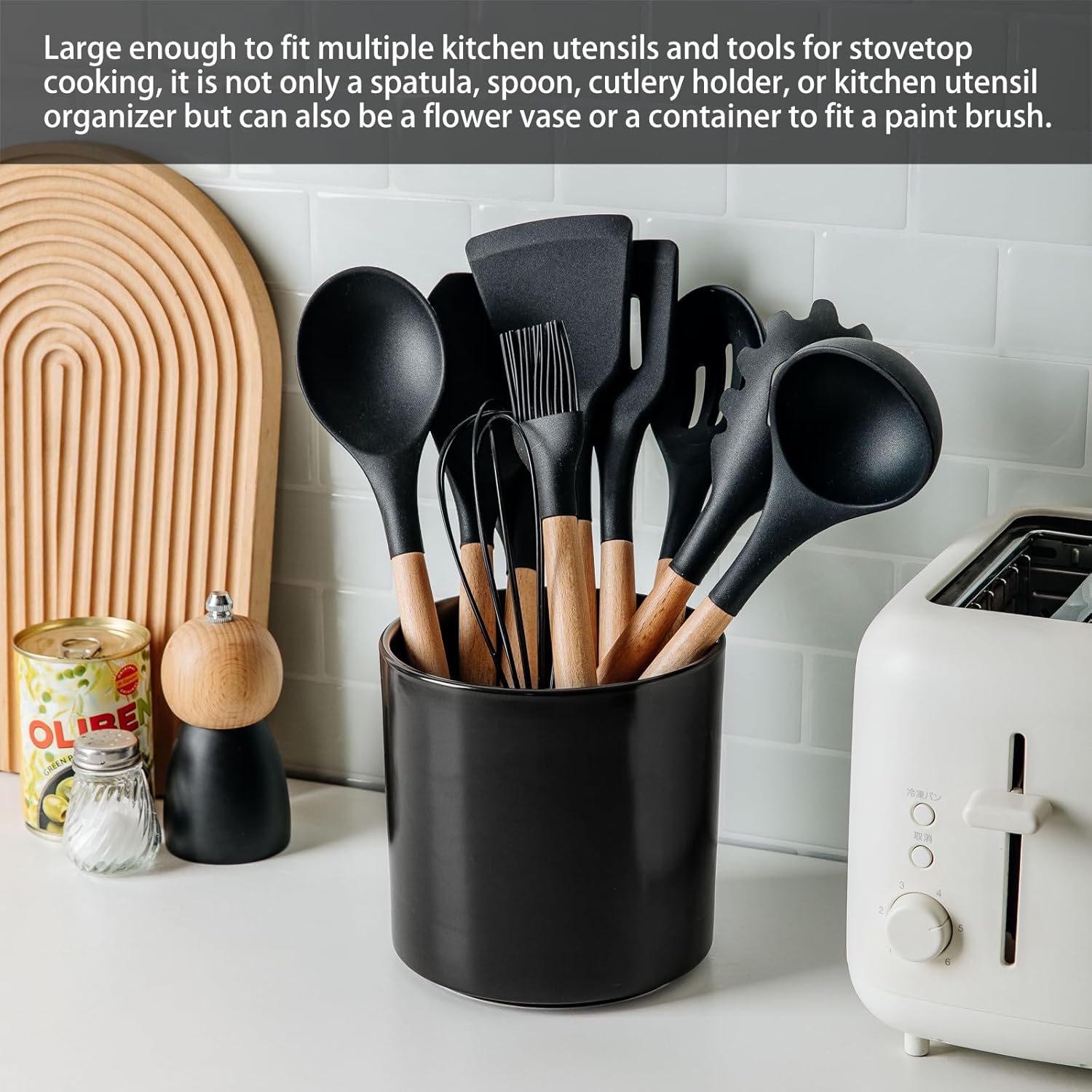 KITCHENLESTAR Soporte para utensilios de cocina grande de 6 pulgadas, organizador de utensilios de cocina de cerámica blanca con parte inferior de