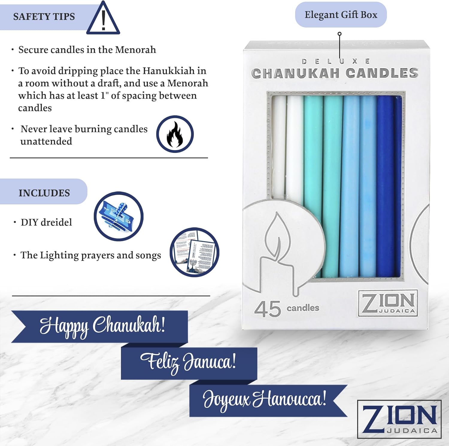 Zion Judaica – Caja de 45 velas festivas de Janucá con tarjeta de oración y Dreidel de bricolaje, se adapta a menorás estándar para las 8 noches de