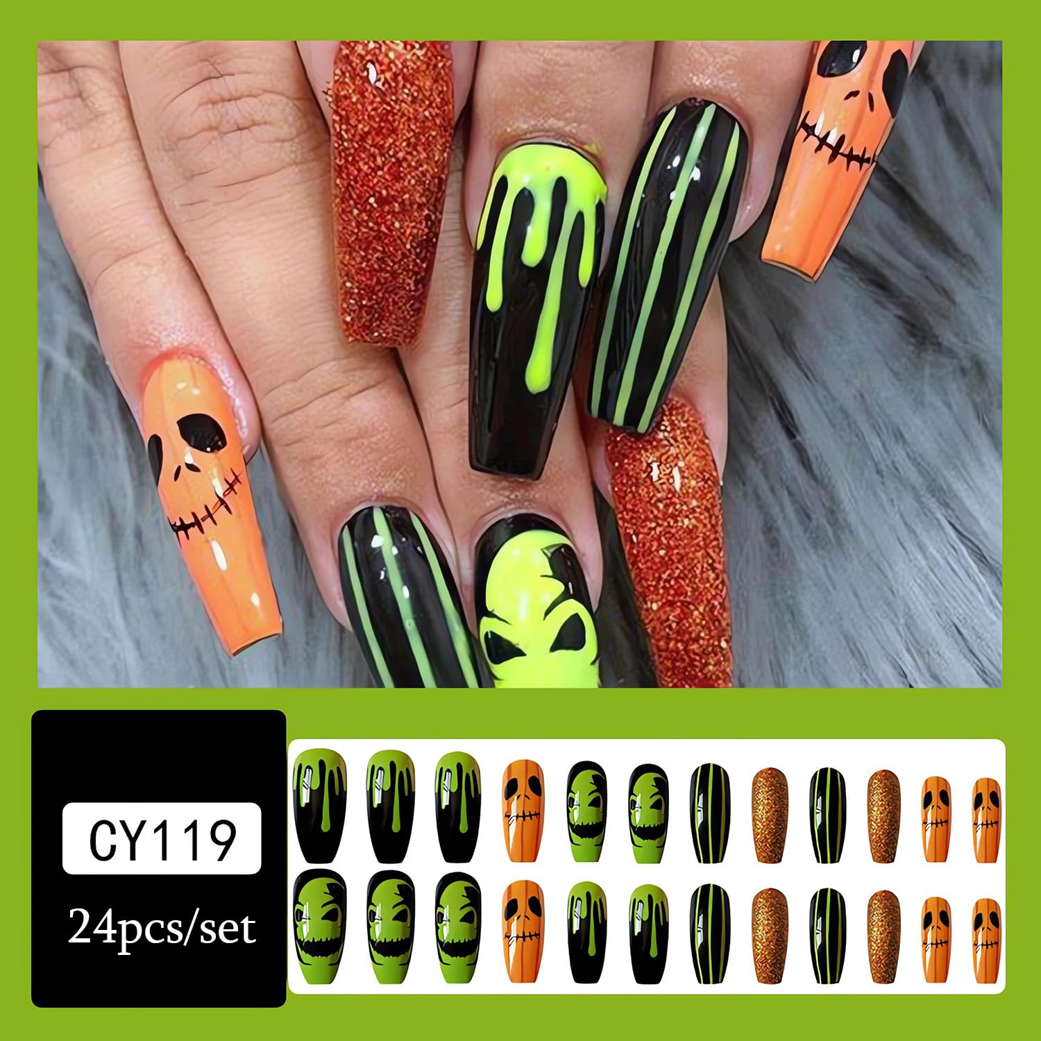 SINSEN Uñas postizas largas a presión para Halloween, ataúd espeluznante, uñas postizas acrílicas de Halloween con diseños, uñas adhesivas de