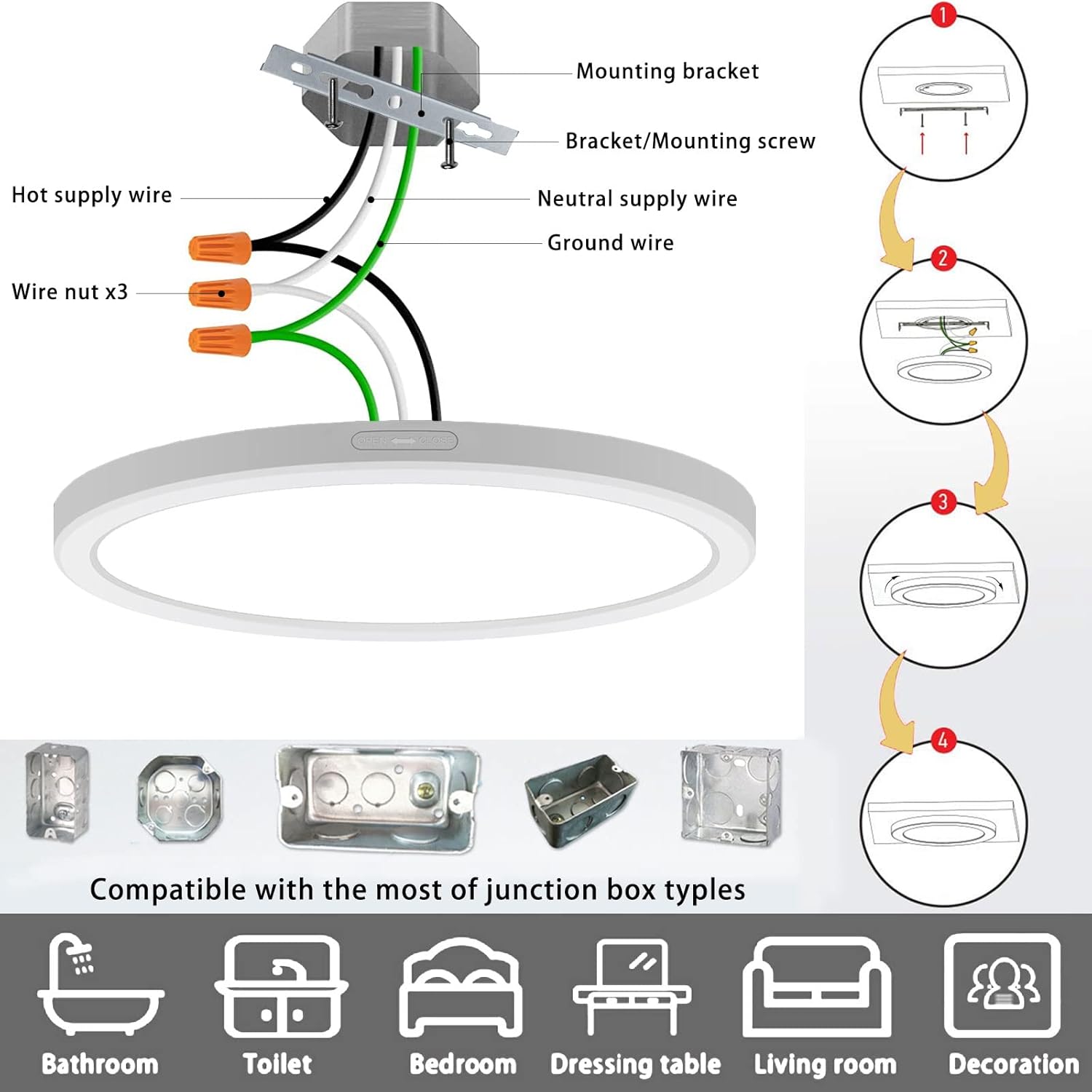 Lámparas de techo LED delgadas regulables con clasificación de humedad, 24 W 3000 K, luces de techo redondas blancas cálidas, lámpara de techo de