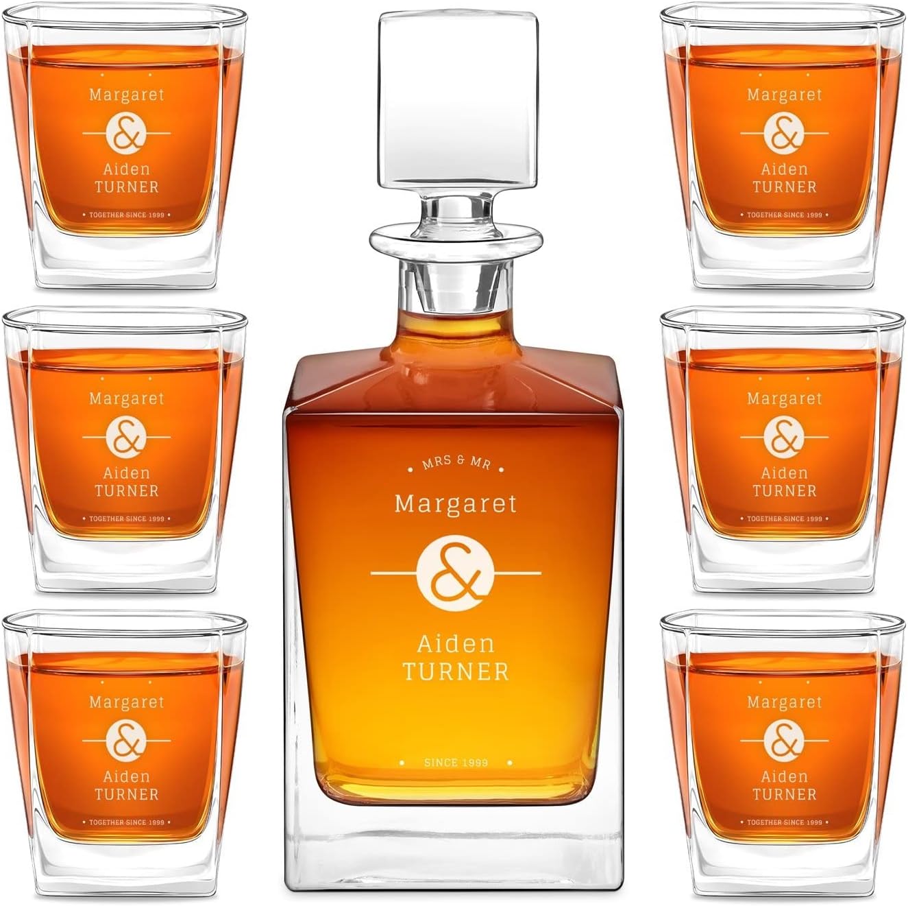 Maverton Juego de decantador de whisky grabado para parejas, dispensador de bebidas elegante personalizado para aniversario, 6 vasos de whisky con