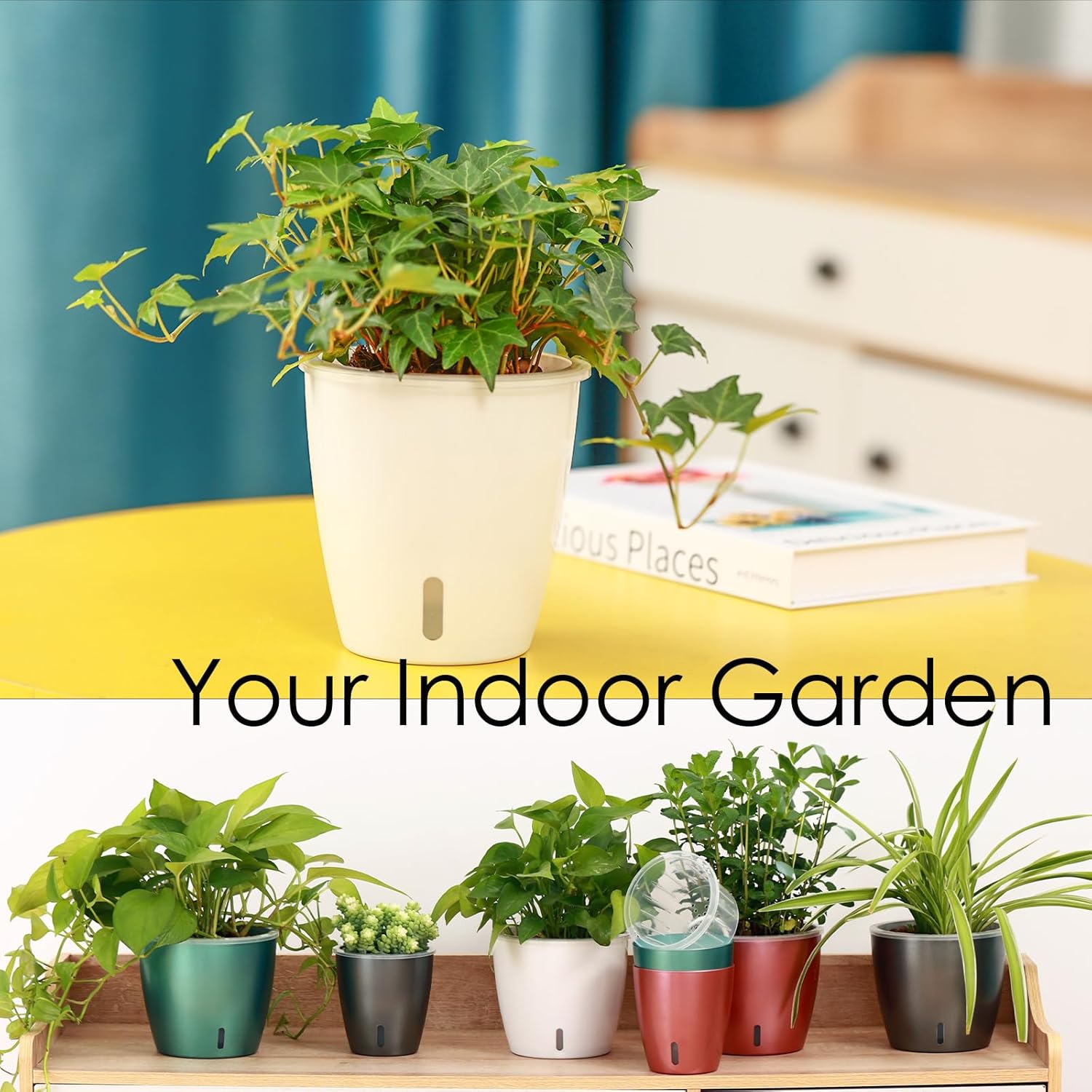 Paquete de 6 macetas de riego automático de 5 pulgadas para plantas de interior con indicador, maceta de orquídeas con mecha transparente para