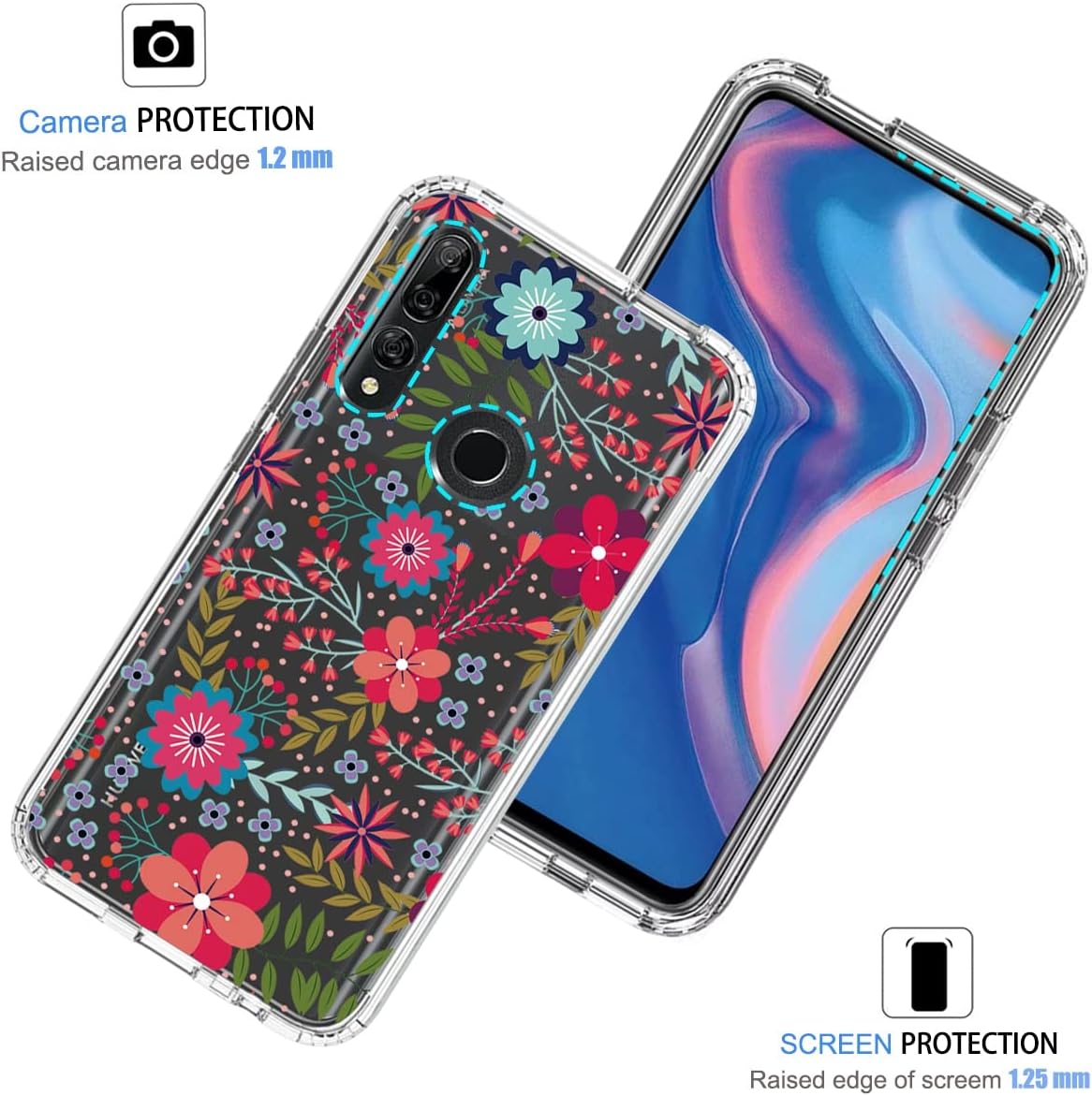 Funda para Y9 Prime 2019Honor 9XP Smart Z STK-LX1 con protector de pantalla de vidrio templado, funda protectora de TPU transparente floral a prueba