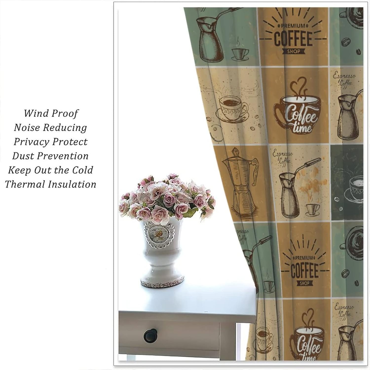 Cortinas de ventana de cocina de café, juego de cafetería y café, diseño vintage de café, oscurecimiento de habitación, cortina con bolsillo para