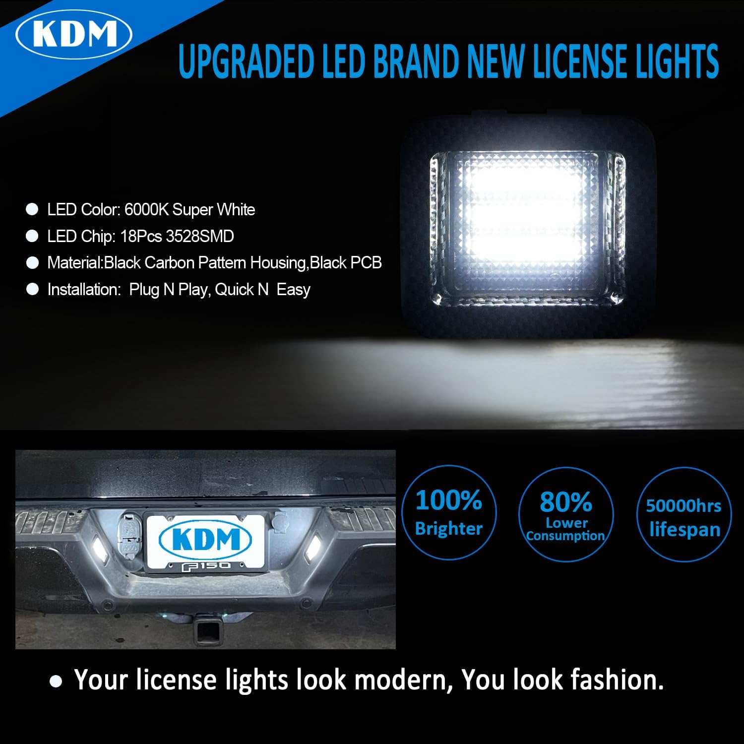KDM Luz de matrícula LED con patrón de fibra de carbono negra para Ford F150 Raptor 2015-2022, reemplazo de ensamblaje, lámpara trasera de camioneta