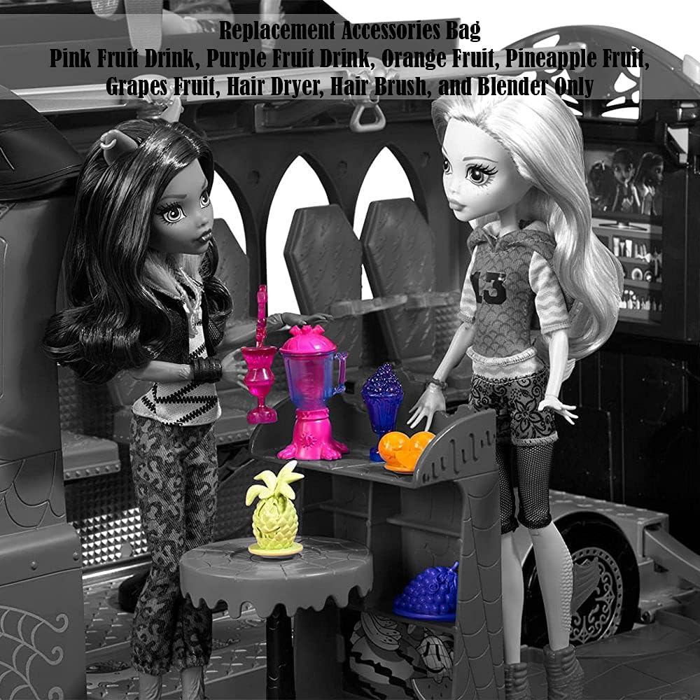 Piezas de repuesto para Monster High Deluxe Bus Playset – FCV63  Bolsa de accesorios de repuesto  Bebidas de frutas, secador de pelo, licuadora