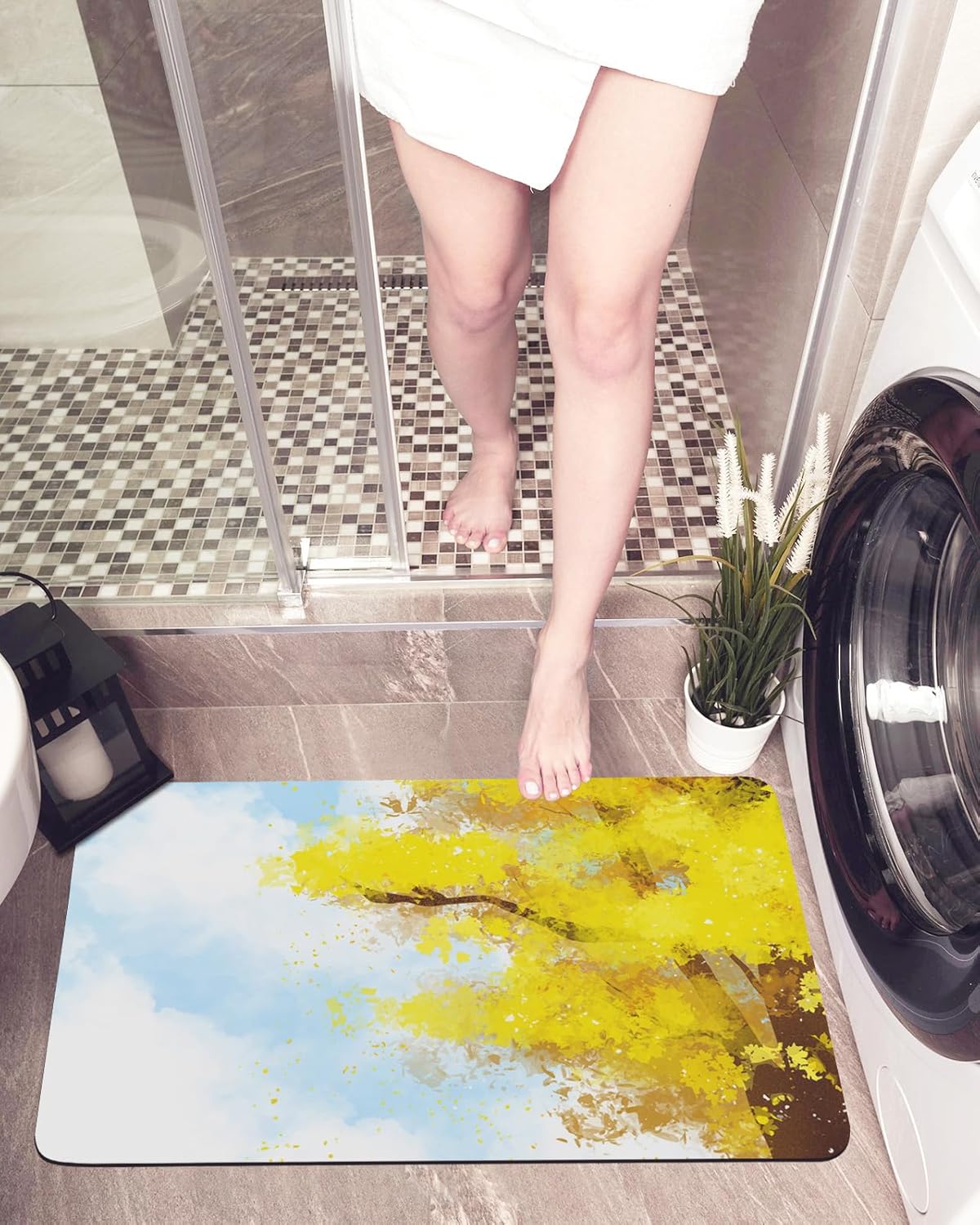 Bath Mat,Autumn Maple Tree Grass Natural Scenery Yellow Indoor Door Thin Mat Absorbent Bathroom Quick Dry Rug Entrance Non Slip Rubber Backing Floor