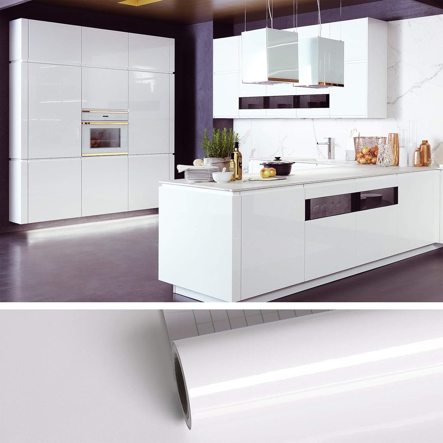 VEELIKE Papel adhesivo blanco brillante de 15.7 x 236 pulgadas para armarios, encimeras, película autoadhesiva, papel tapiz decorativo con purpurina