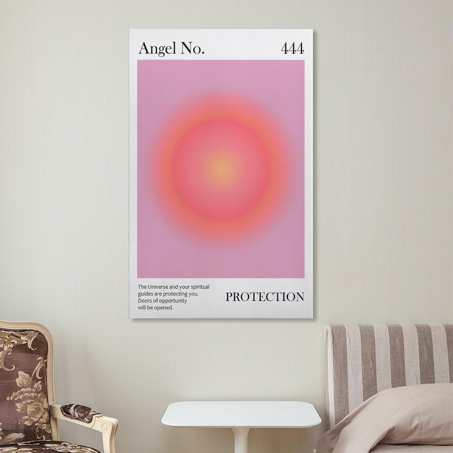 Póster de ángel con el número 444 impreso, color rosa, protección espiritual para el hogar, ley de atracción, manifiesto, póster de lienzo para