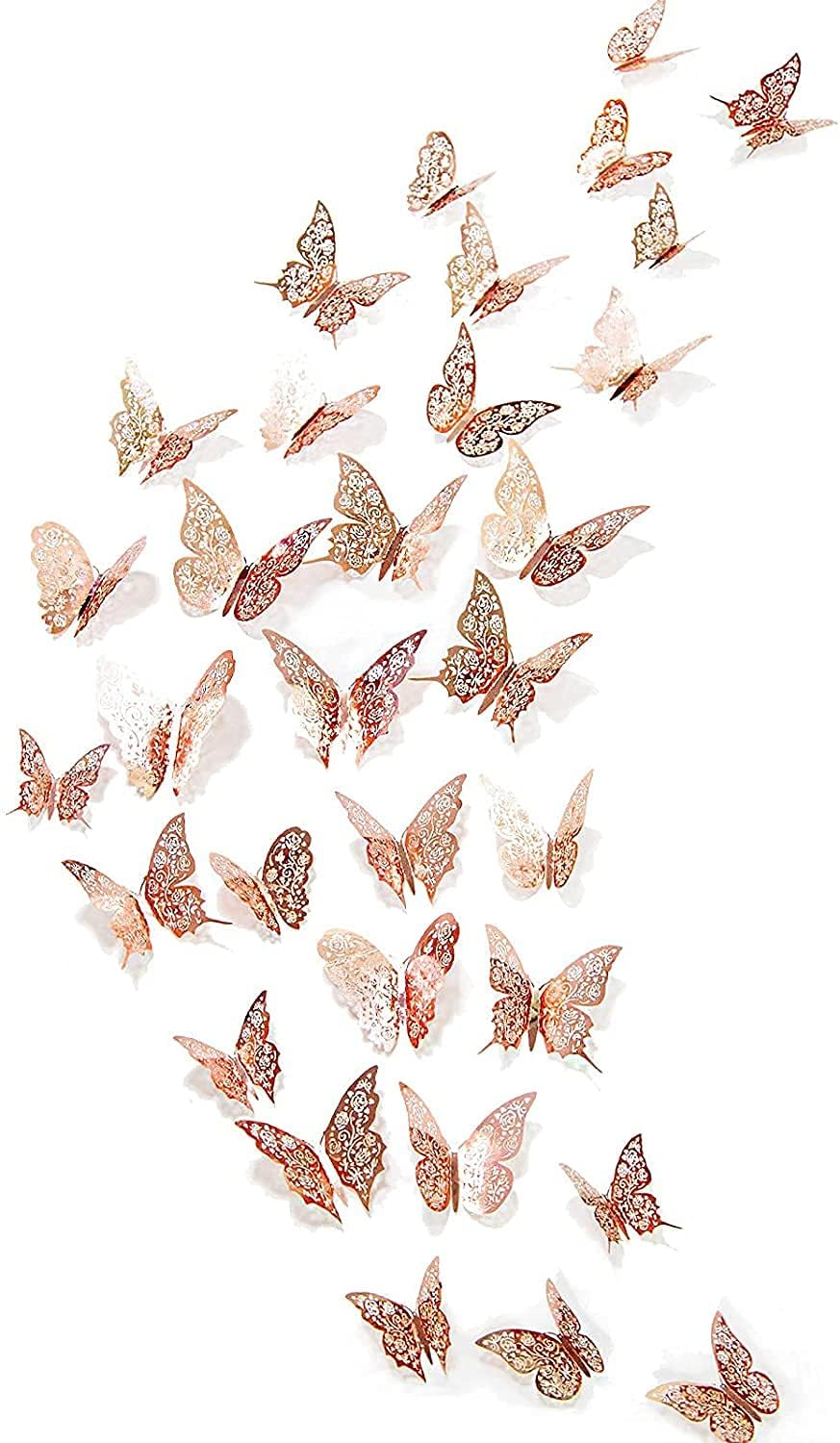 Calcomanías de pared de mariposa de oro rosa 3D, removibles, brillantes, metálicas, calcomanías de pared de mariposas de corazón, mariposa para