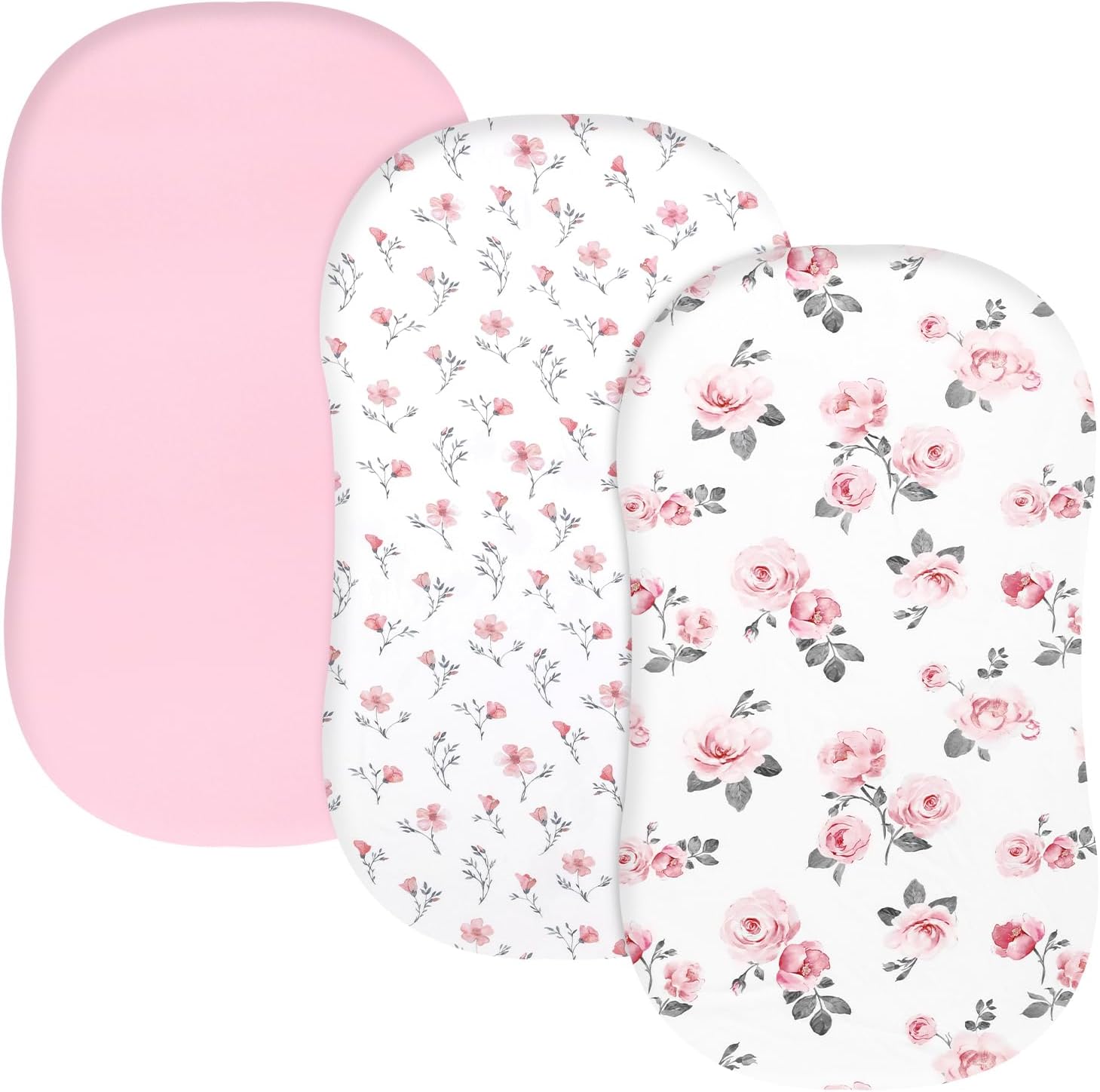 PHF Paquete de 3 sábanas suaves para moisés, cómodas sábanas de poliéster con diseño floral rosa para bebés niños y niñas, ajuste universal para la
