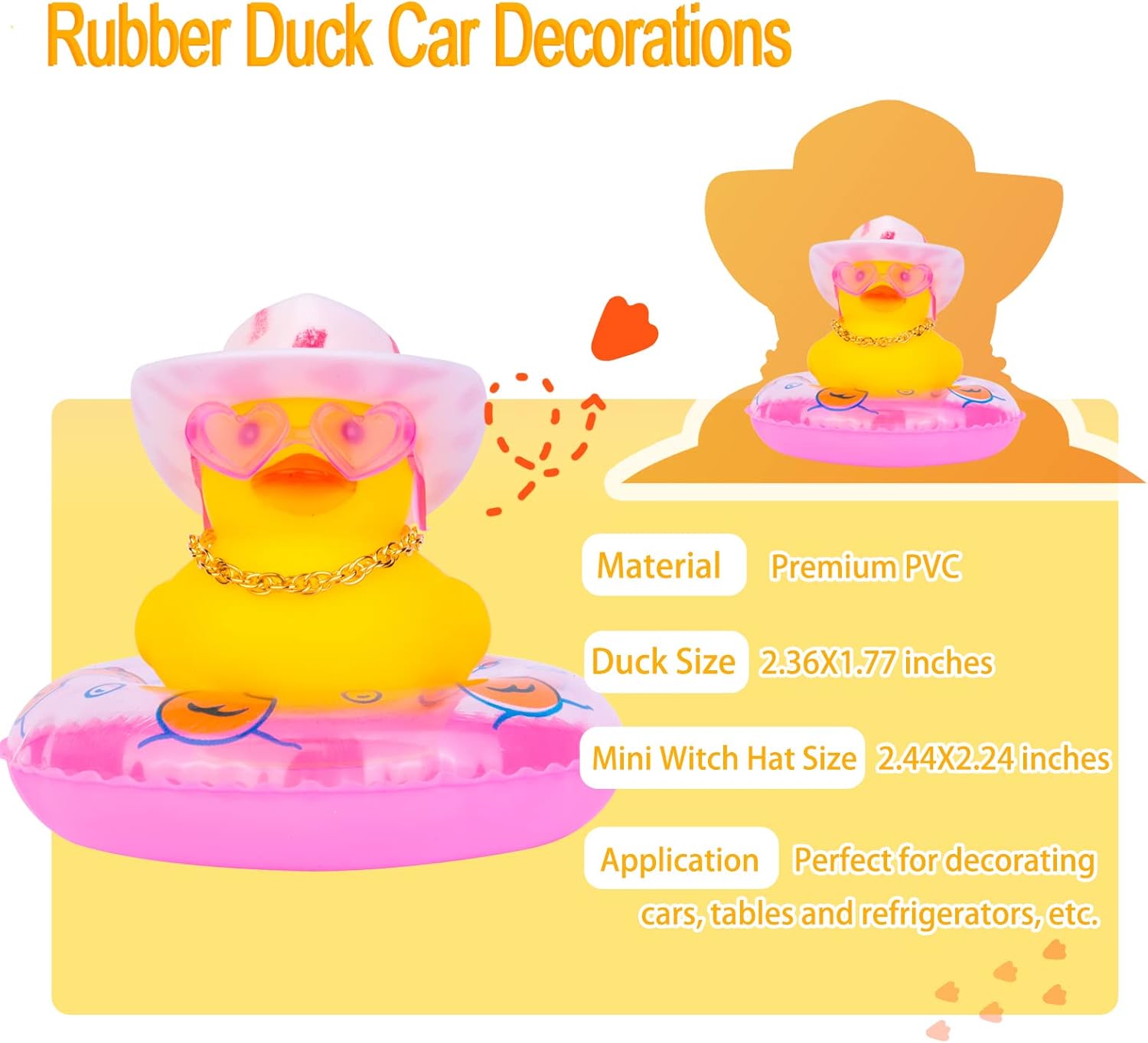 MuMyer Adornos de pato amarillo para automóvil, decoración de tablero de automóvil con gafas de amor, mini anillo de natación, sombrero de sol,