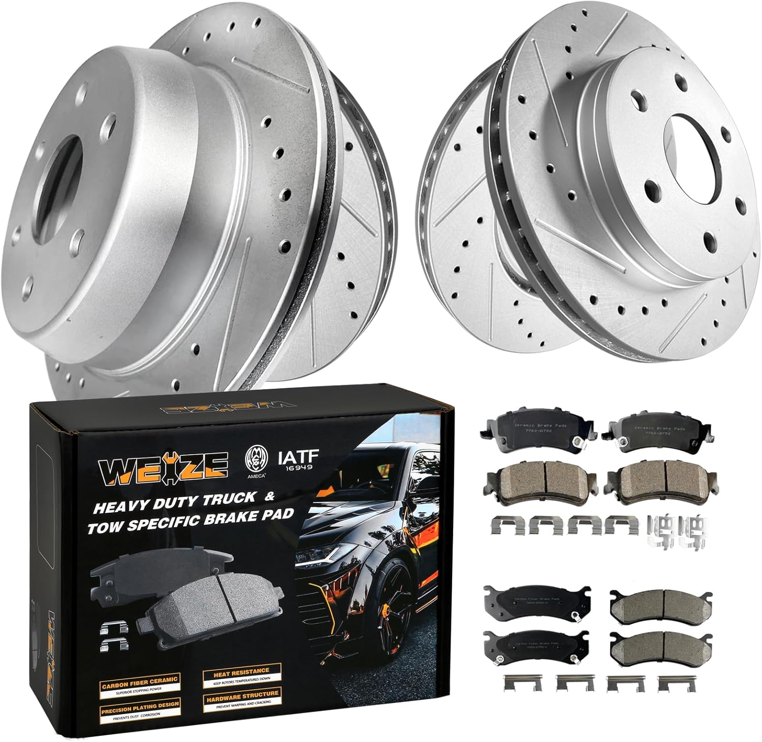 WEIZE Kit de pastillas de freno delantero y trasero, pastillas de cerámica de fibra de carbono + discos de freno perforados, apto para Chevy
