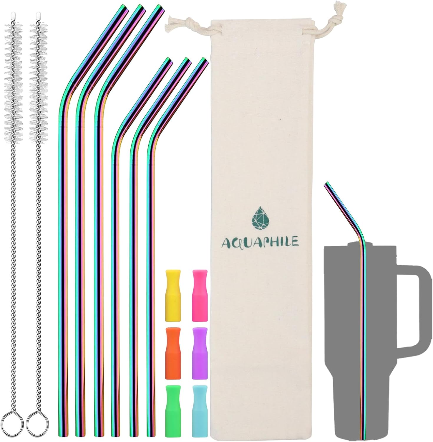 AQUAPHILE Pajitas de acero inoxidable para vaso Stanley, popote doblado de 10.5 y 12 pulgadas de largo para accesorios de taza Stanley de 3040