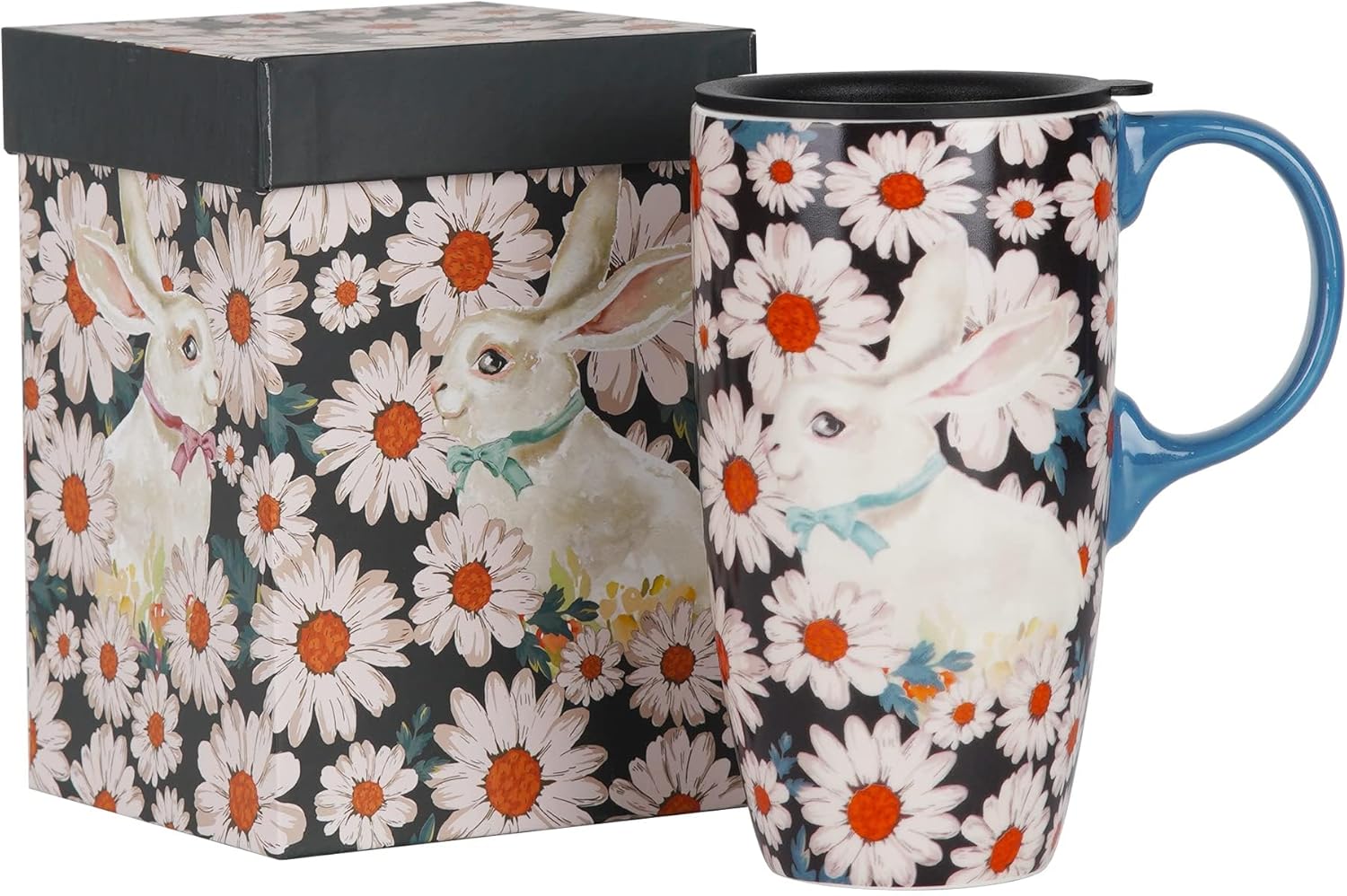 DUSVALLY Taza de cerámica para café, taza de café de viaje, taza de té con leche de porcelana con tapa y caja de color, 17 onzas, taza alta grande,