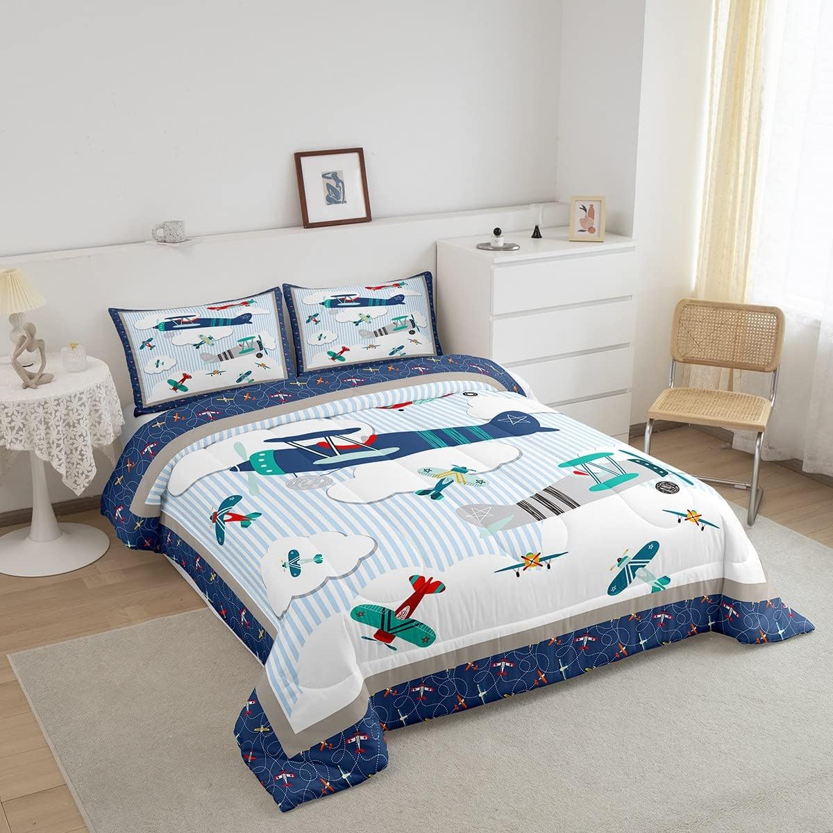 Juego de edredón de avión para niños, cielo azul y nubes blancas, juego de ropa de cama para niños, niñas, mujeres y adultos, edredón de aviones de