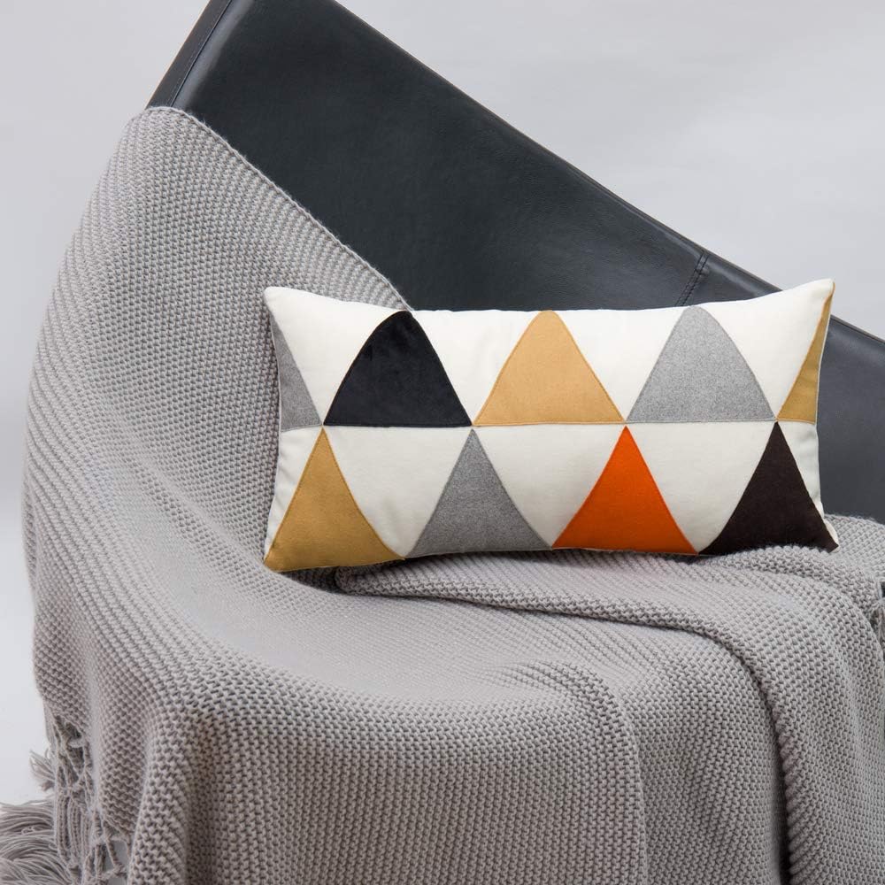 JWH Funda de almohada de terciopelo colorida decorativa para lumbar, con apliques triangulares, fundas de almohada largas para sofá, cama,