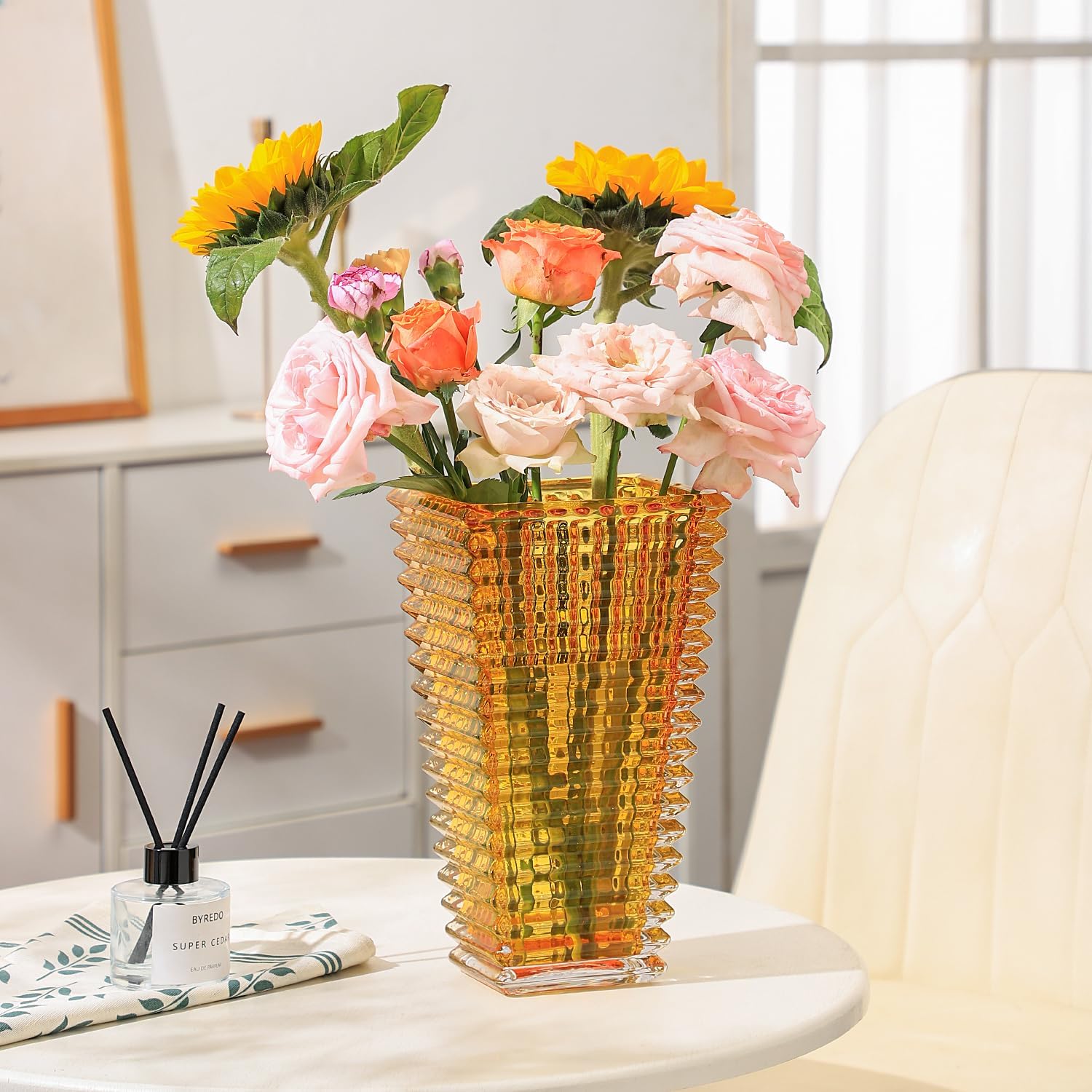 Jarrón de cristal, jarrón de vidrio ámbar, jarrón de vidrio, jarrones para centros de mesa, florero grande, jarrón de vidrio grande, jarrón moderno