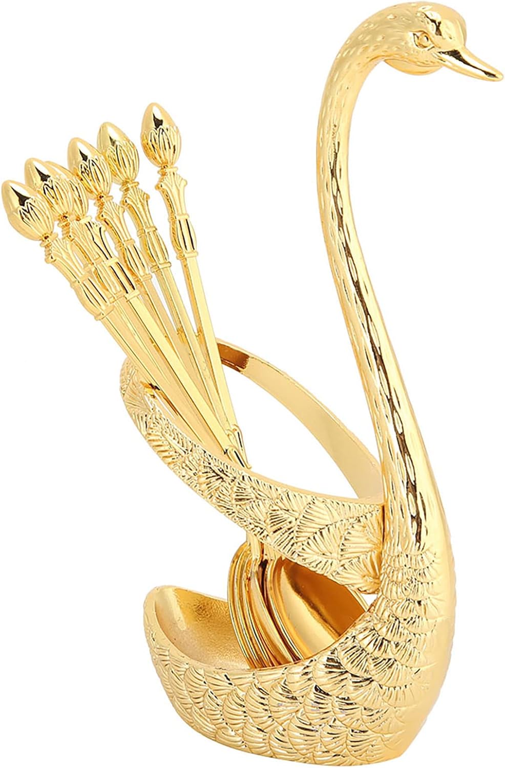 Juego de 6 cucharas de café, 1 soporte de base en forma de cisne, base de cisne de aleación de zinc, organizador de cucharas elegantes de cisne de