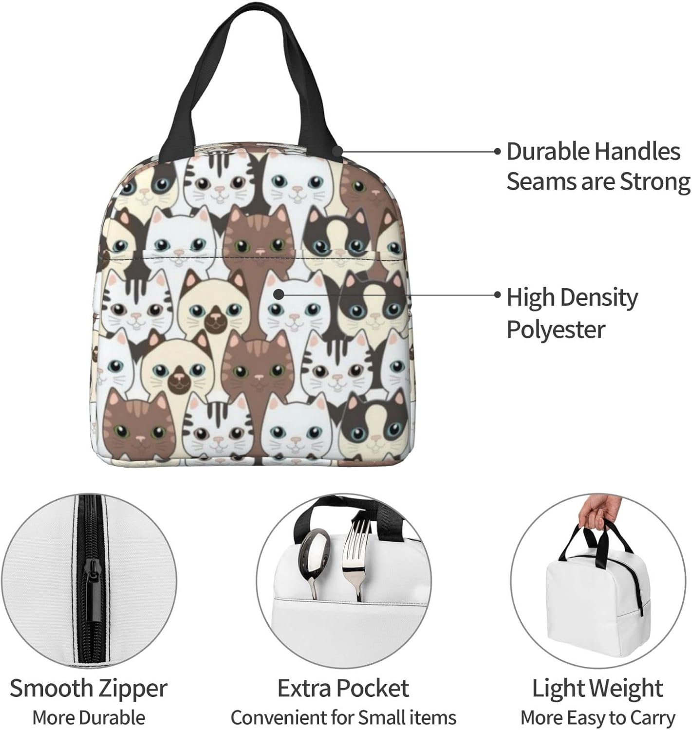 Giwawa Bolsa de almuerzo aislada con lindo gato, adorable gatito impreso en bolsa de almuerzo para mujeres, hombres, niños, niñas, escuela, oficina,
