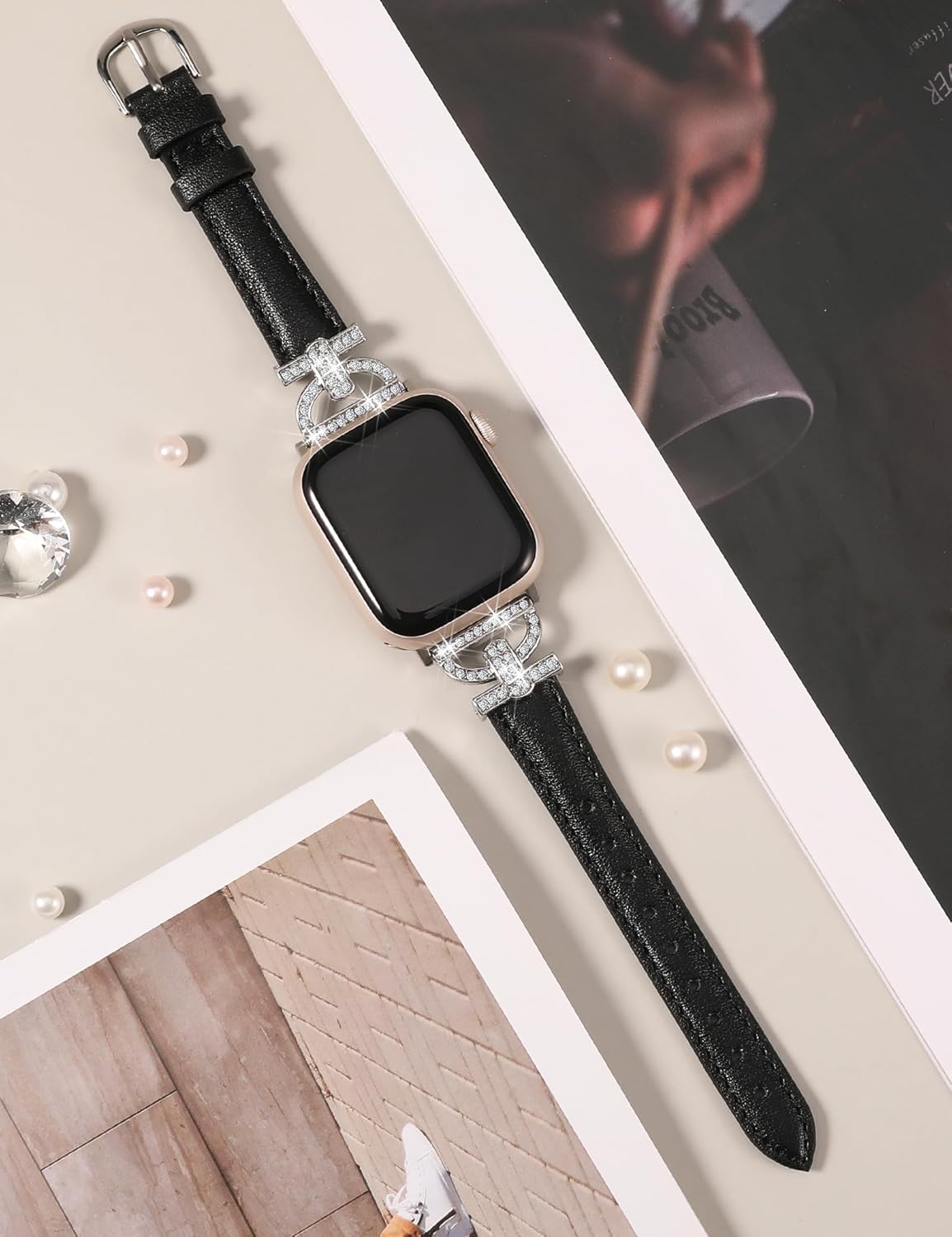 TOYOUTHS Correa de cuero compatible con Apple Watch Band 3840414244451.929 in, correa delgada y elegante para mujer con hebilla de metal de diamante