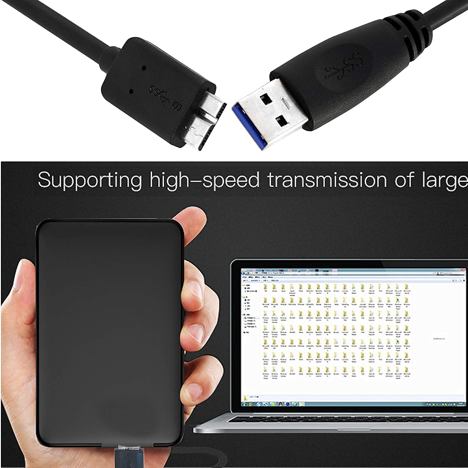 SaiTech IT Cable USB 3.0 A a Micro B de alta velocidad hasta 5 Gbps Cable de transferencia de datos para disco duro externo portátil – (7.9 in),