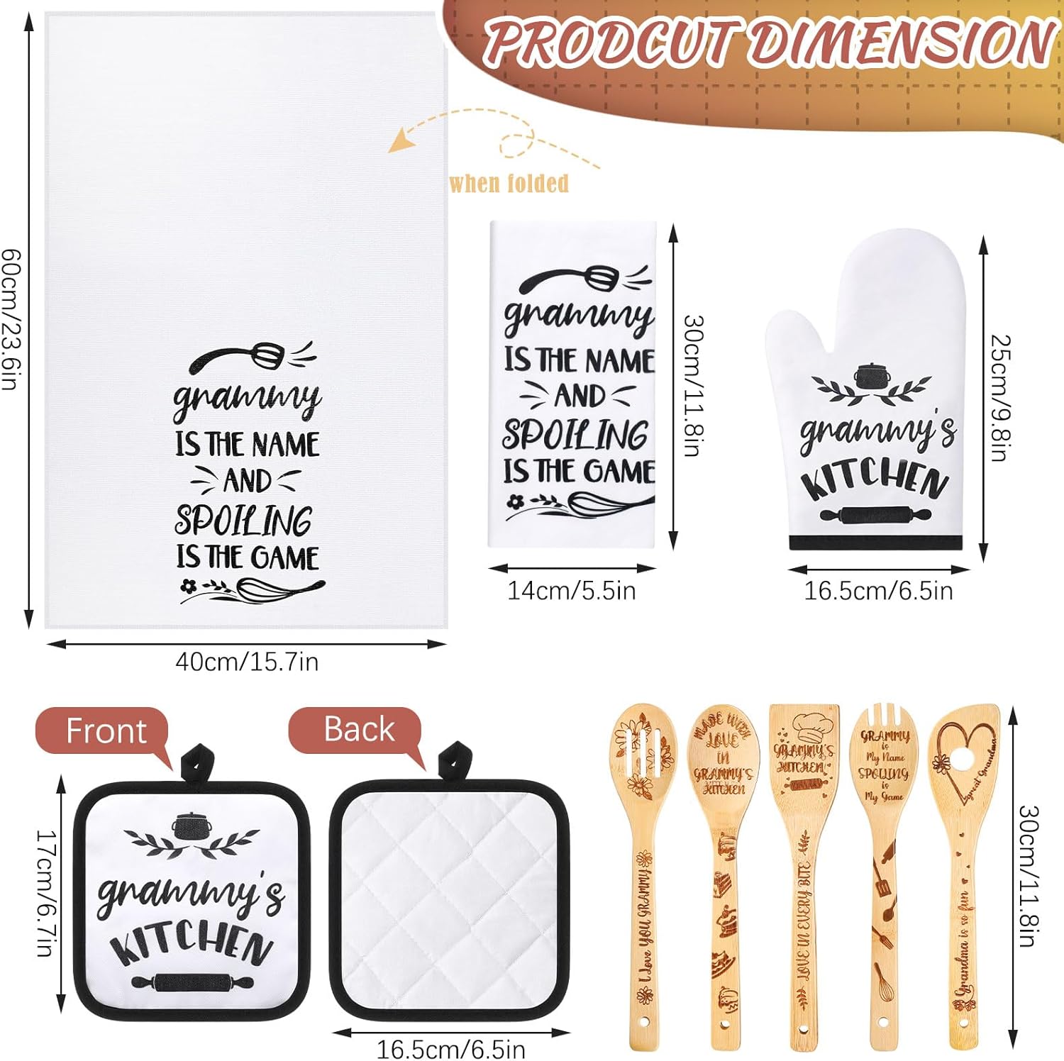 Juego de 10 piezas de regalo de cocina Mimi que incluye delantal de cocina de algodón, manoplas de horno, soporte para ollas de bambú, espátula de