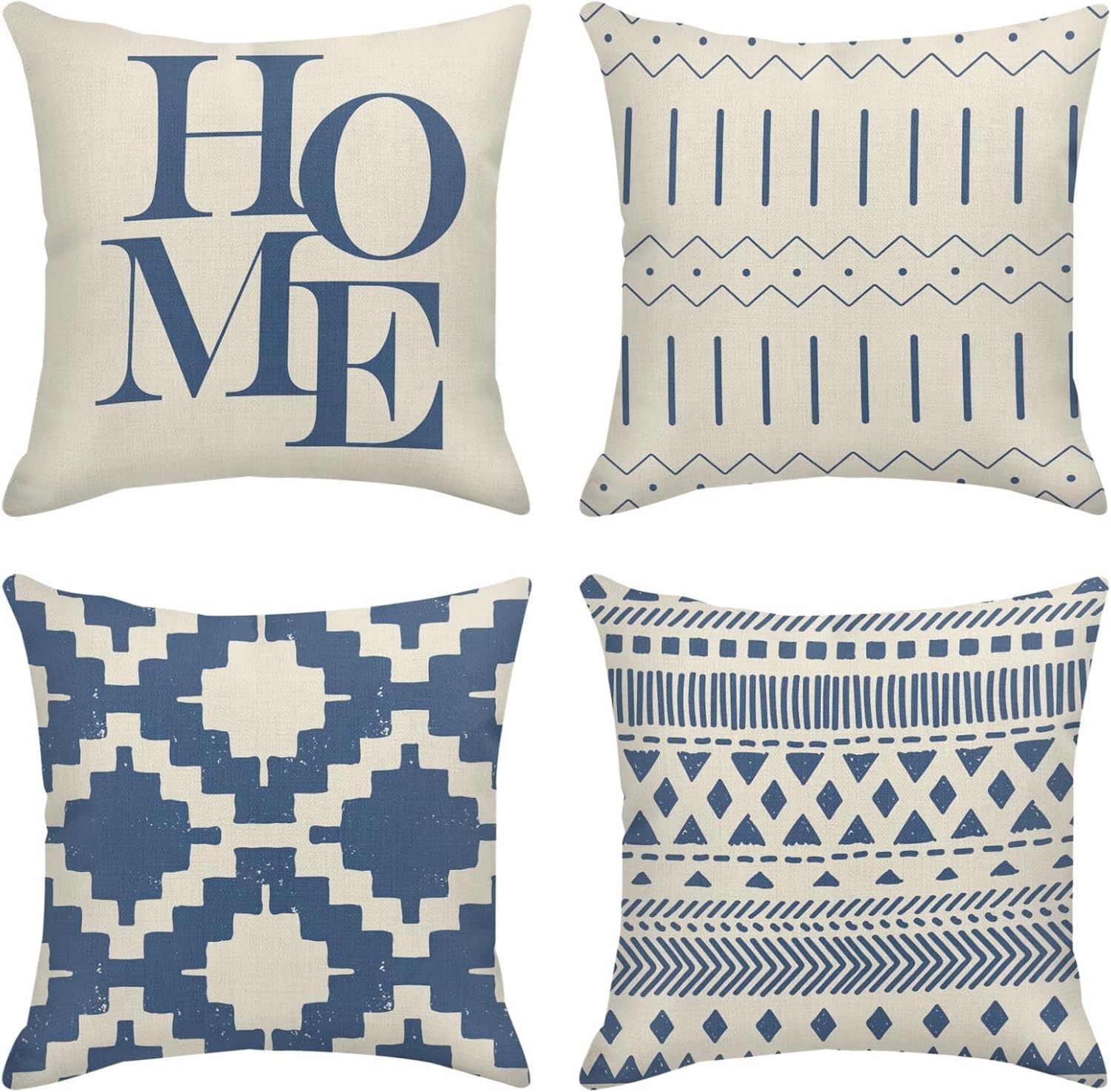 Juego de 4 fundas de almohada decorativas para decoración del hogar, color azul marino, retro, geométrico, a rayas, marroquíes, tribales, bohemias,