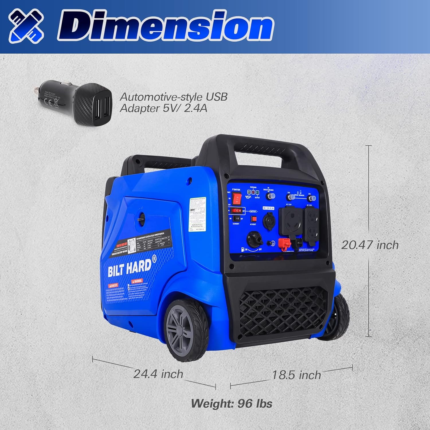 BILT HARD Generador de 5500 vatios, generador inversor silencioso portátil con arranque eléctrico, 120 V NEMA 5-20R, NEMA TT-30R y salida de 12 V