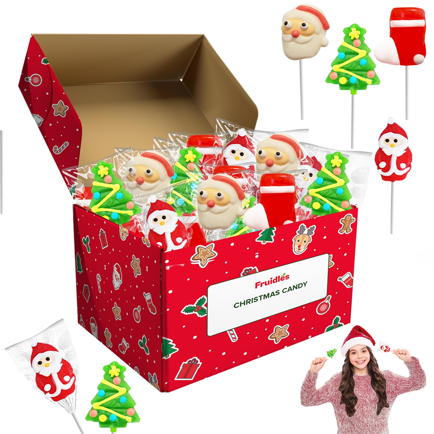 Fruidles Paleta de Navidad, Papá Noel, árbol de Navidad, paletas de bastones de caramelo, envueltas individualmente (paquete de 24)