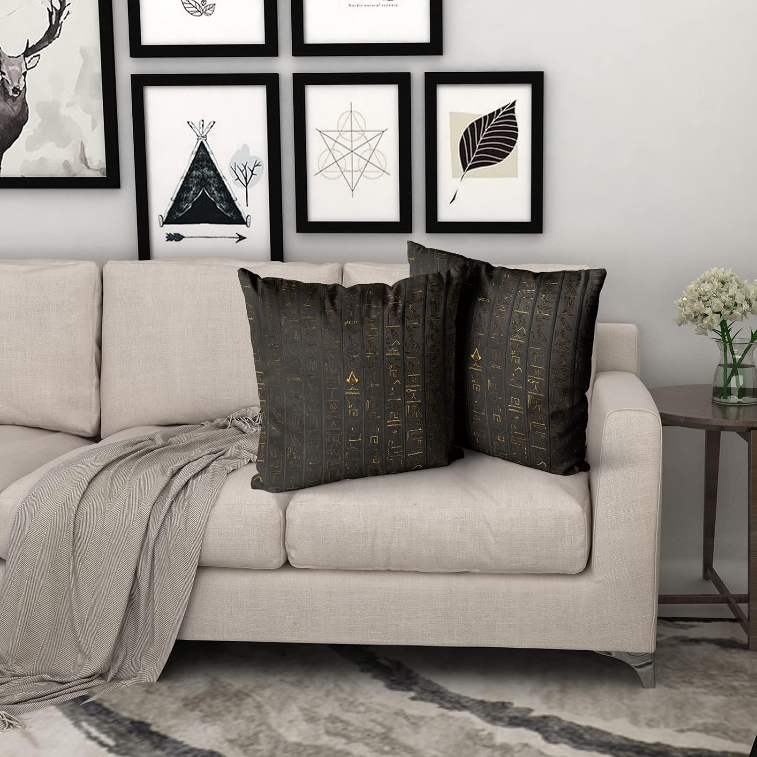 2 fundas de almohada de jeroglífico egipcio antiguo de 18 x 18 pulgadas, fundas de almohada decorativas de tamaño estándar, color negro y dorado,