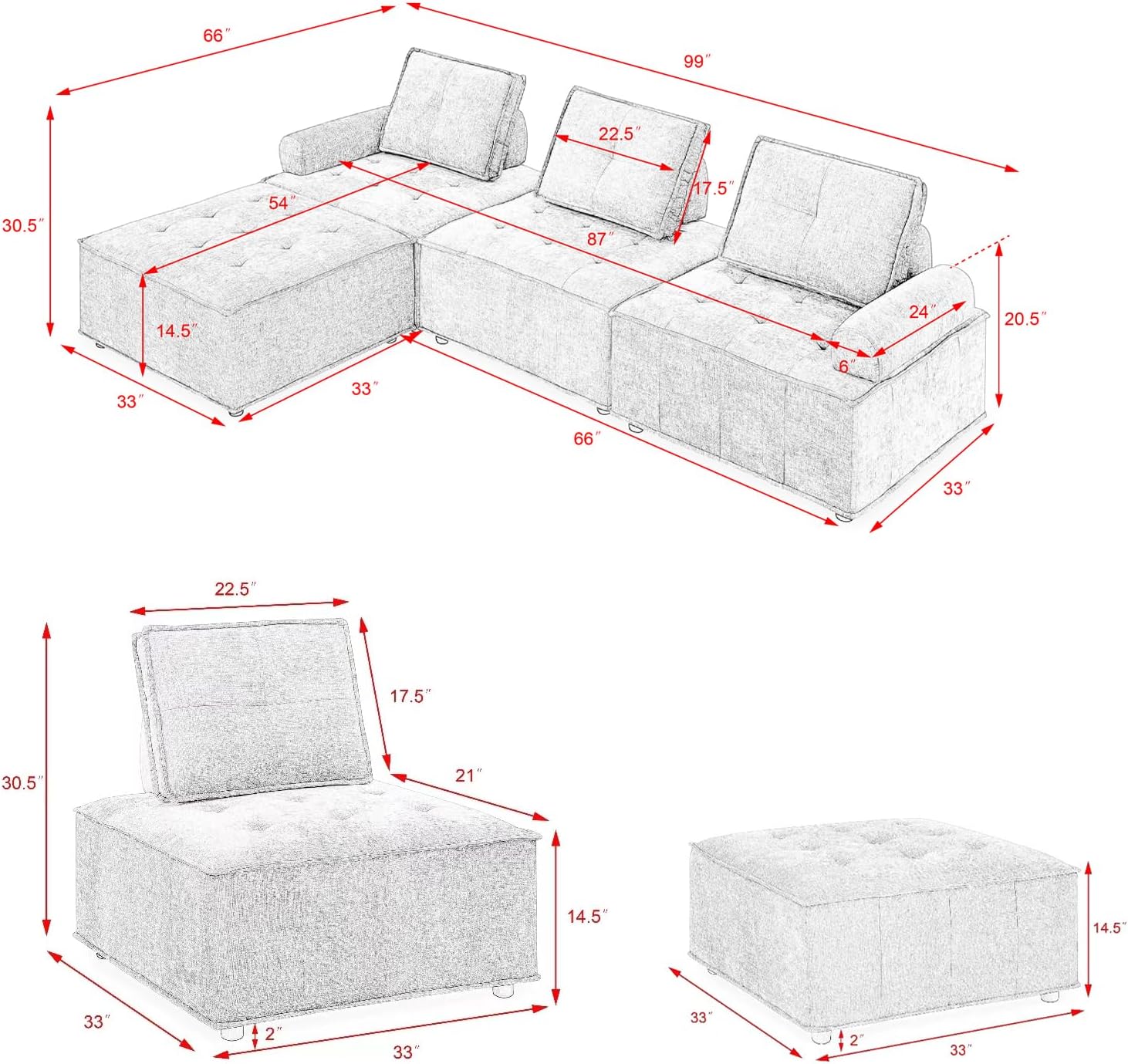 NOLLAM Sofá modular moderno, sofá modular tapizado en forma de L de 99 pulgadas con marco resistente y cojín trasero extraíble, combinación de