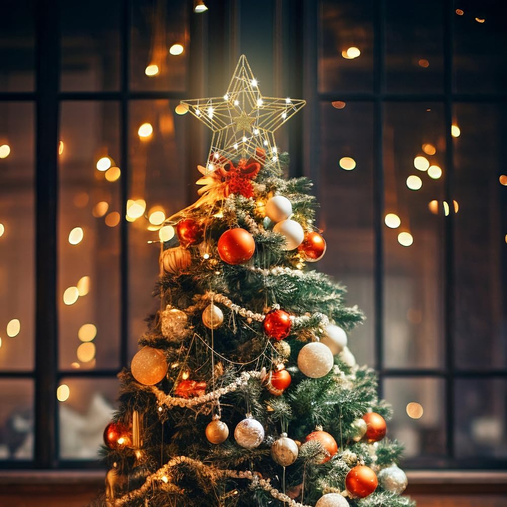 Decoración para árbol de Navidad, estrella dorada de hogardeck para decoración de Navidad, 20 luces LED con purpurina para decoración de árbol de