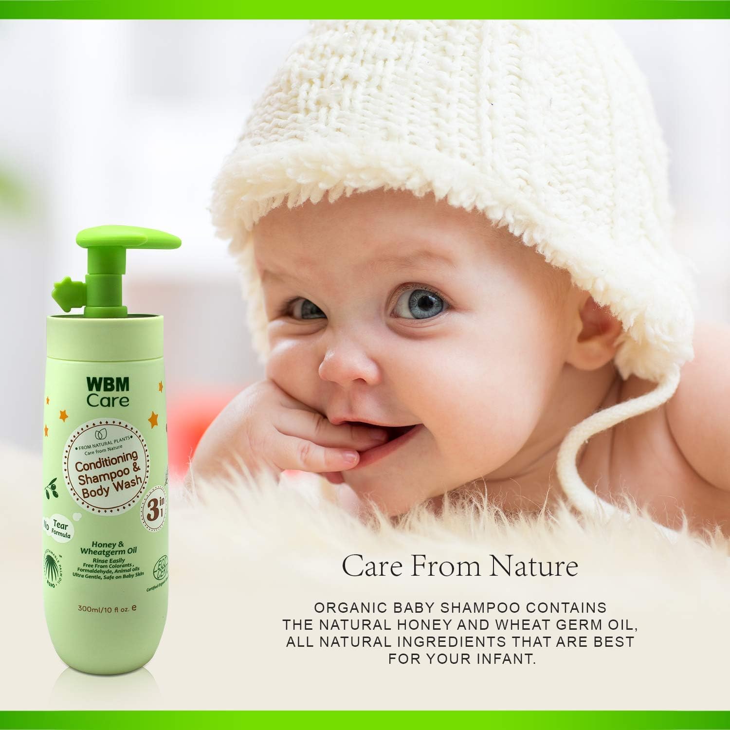 Care 3 en 1 Baby Shampoo, enriquecido con miel, germen de trigo y aceite de oliva orgánico, nutre el cabello del bebé con una fórmula suave y sin
