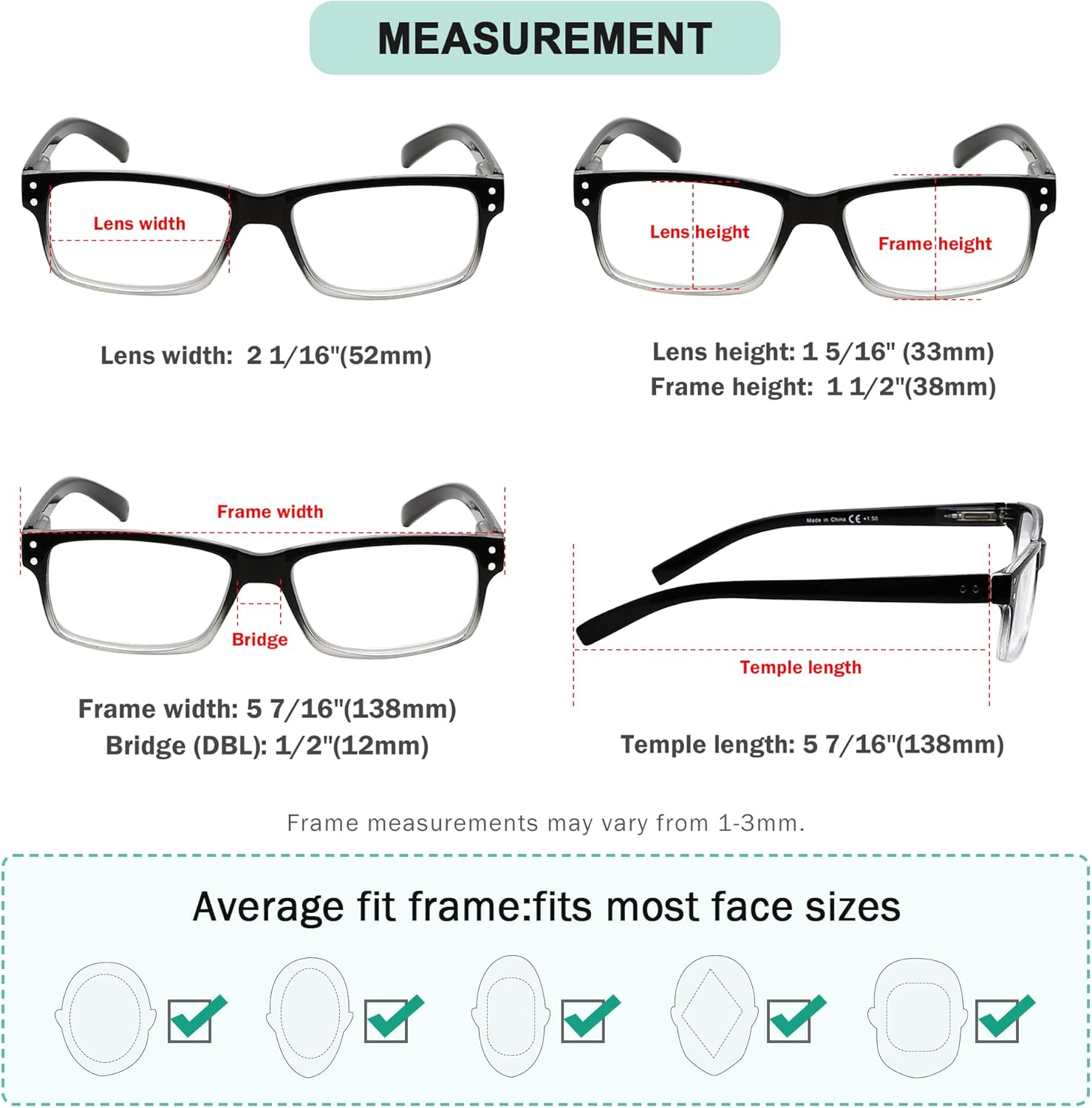 (Debe comprar ambos ojos) Negro Claro Ojo Derecho+1.25 Gafas de lectura con diferente fuerza para cada ojo