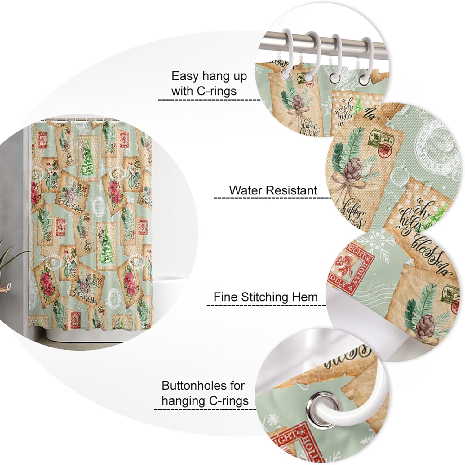 Cortina de ducha de Navidad, impermeable, lavable, bohemio, divertido, lindo juego de cortinas de ducha para baño, bañeras, juego de cortinas de