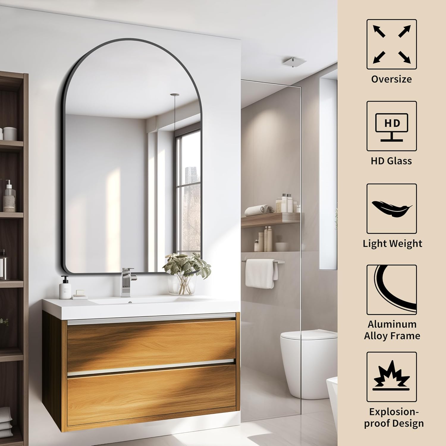 FORBATH Arched Wall Mirror, 30″x48″ Bathroom Mirror Wall Mounted Modern Black Aluminum Alloy Frame Decor Large Dresser Mirror for Bedroom Living