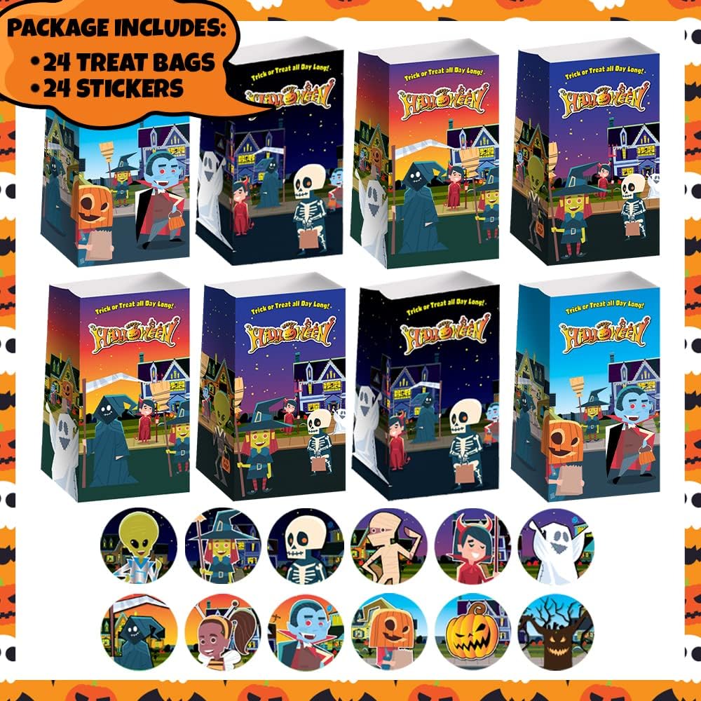 ArtCreativity Bolsas de golosinas de Halloween, juego de 24 bolsas de papel y 24 calcomanías, bolsas de dulces de Halloween de 10 pulgadas con