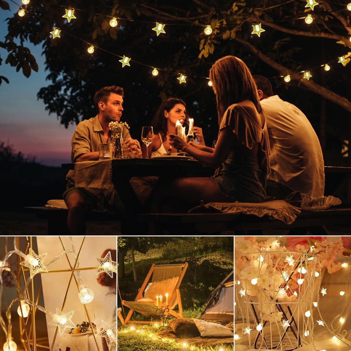 BiteBoom Cadena de luces LED de alta calidad con 100 bolas de burbujas y 100 estrellas, impermeable y duradera, 8 modos de iluminación, función de